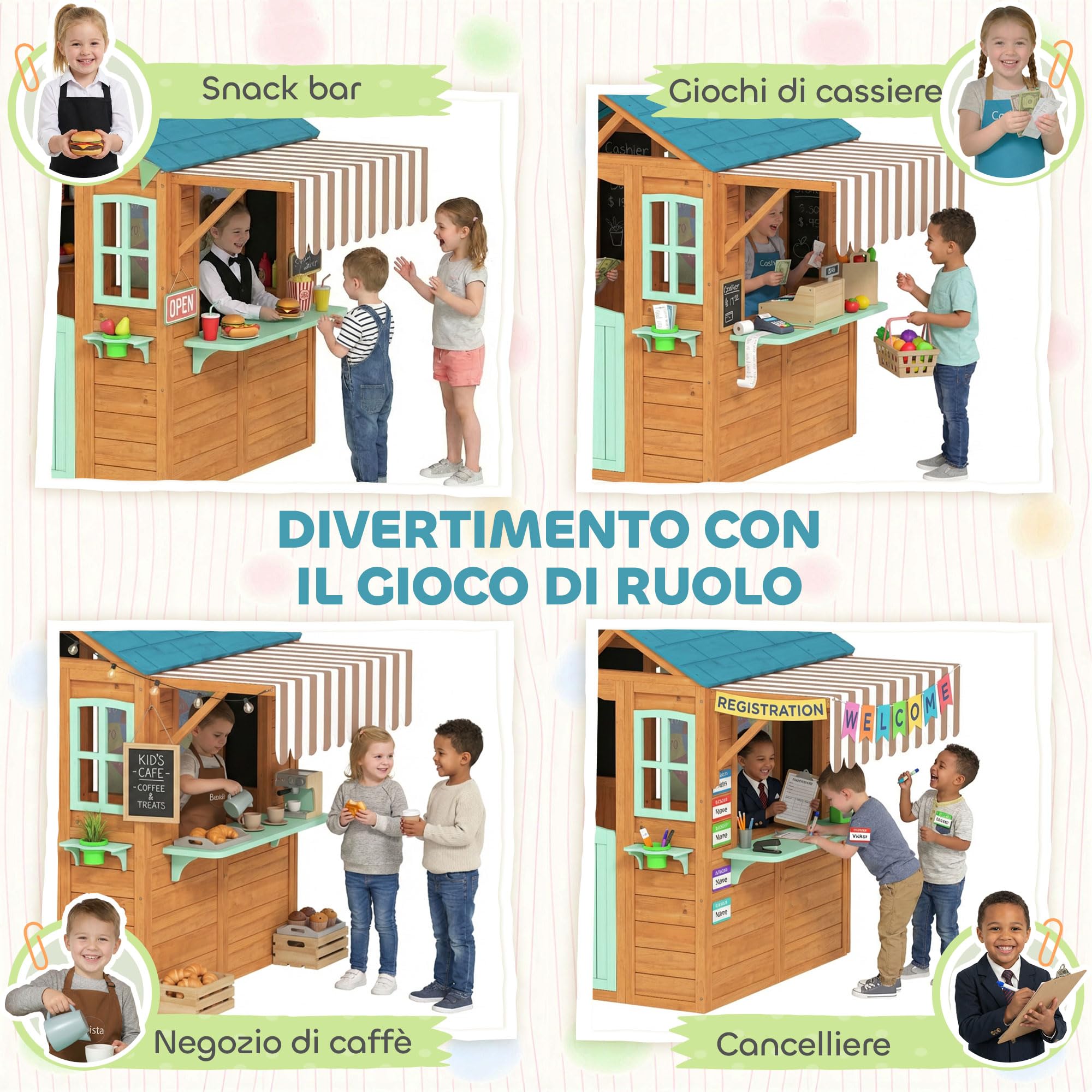 AIYAPLAY Casetta da Giardino per Bambini in Legno Abete, Casetta per Bambini Esterno, Finestra, Snack Bar, Mezza Porta, Portavasi, Telo Bersaglio, 4 Palline, Lavagna, 3-6 Anni, 142x120x141.5cm, Giallo