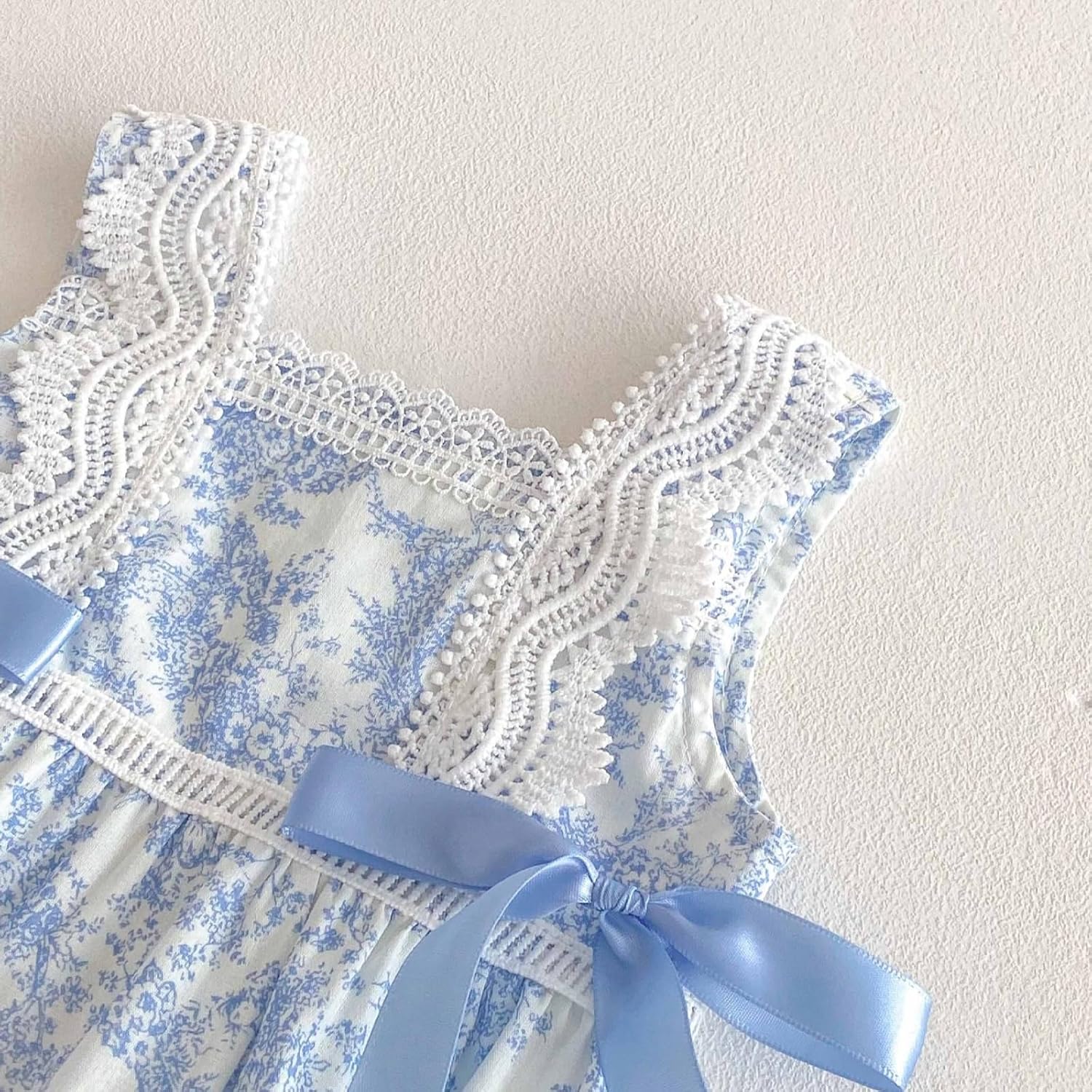 Newborn Baby Girl Blue Floral Lace Romper Vintage Sleeveless Bodysuit Infant Summer Homcoming Baptism Outfit