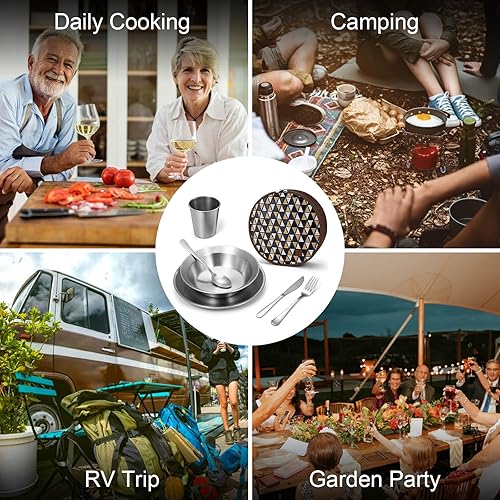 Miniatura 12 de Odoland Kit completo de mensajería para campamento, vajilla de acero inoxidable pulido, vajilla de cocina para camping, utensilios organizadores