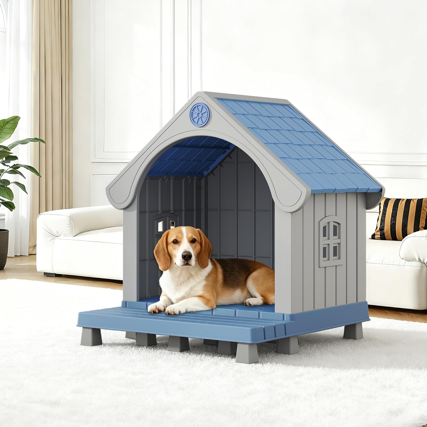 Bifanuo Dog House Outdoor Weatherproof with Porch for Small Medium Dogs, Durable Plastic Pet House with Sloping roof and Elevated Floor, Easy Cleaning and Assemble (Blue)