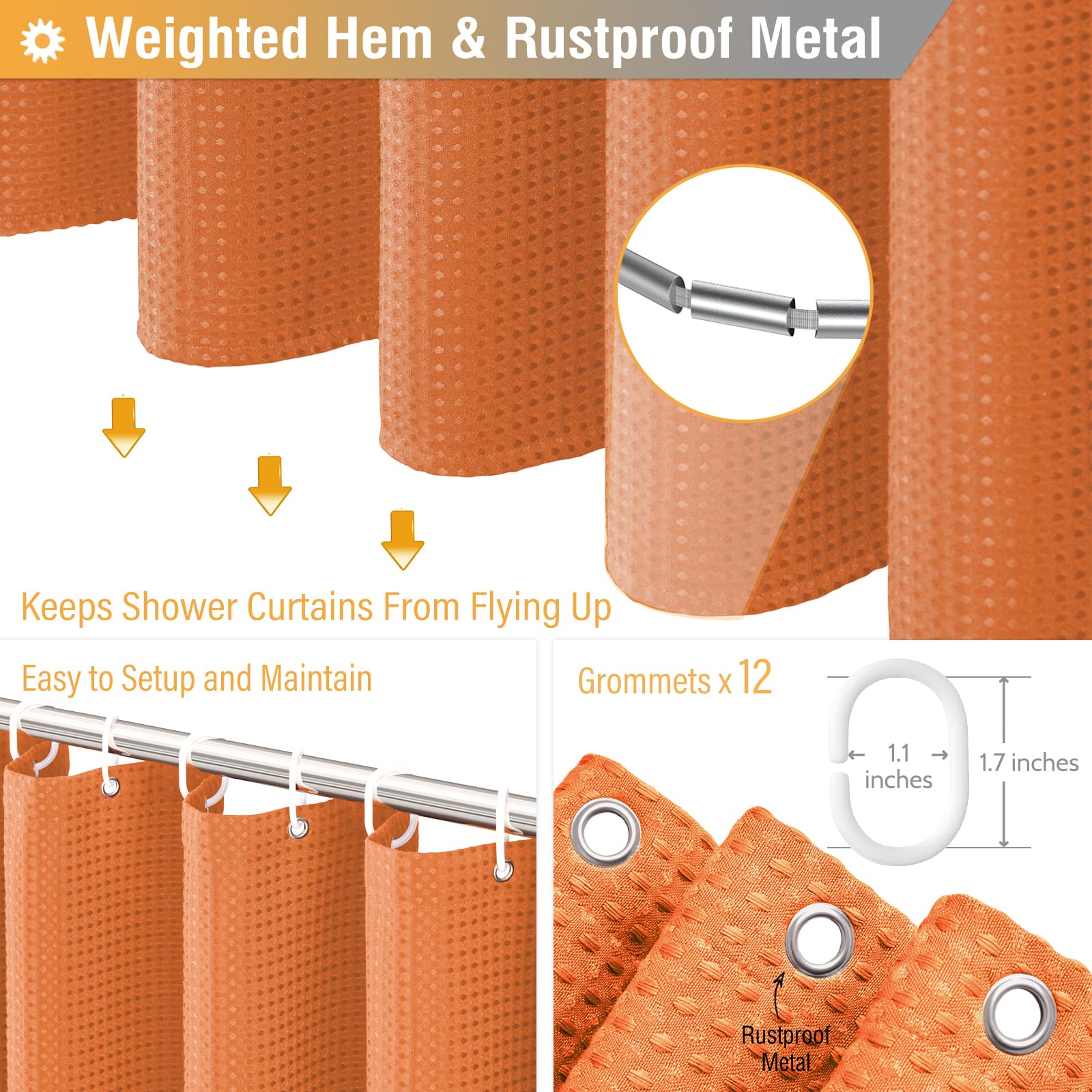BTTN Burnt Orange Waffle Shower Curtain, Weighted Mould Proof Resistant Fabric Wet room Shower Curtains - Image 4