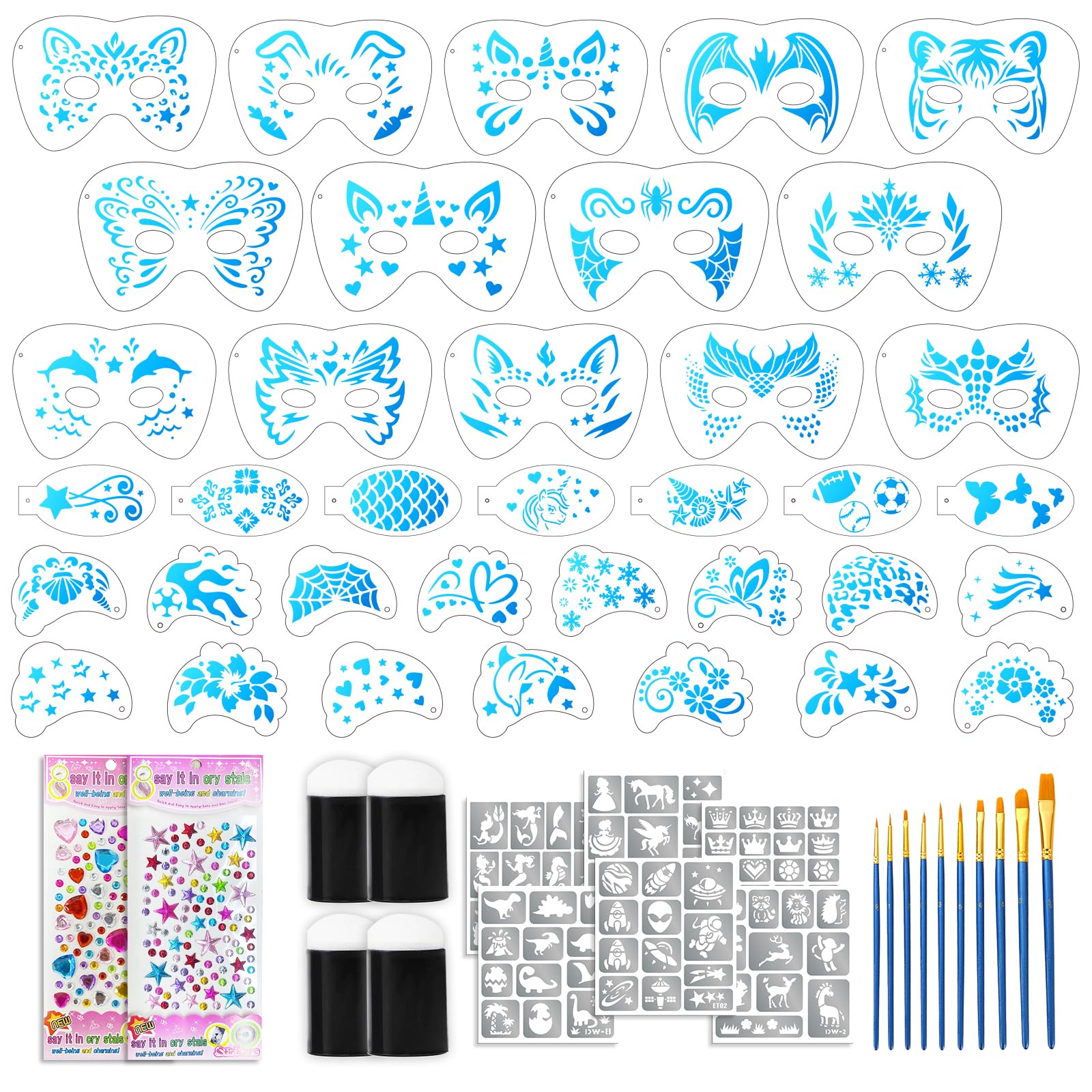 58 PCS Face Paint Stencils for Kids and Adults, 36 Reusable Facial Painting Templates, 6 Sticky Tattoo Stencils, 10 Makeup Brushes, 2 Adhesive Gem Stickers, 4 Finger Sponges for Party Makeup blue