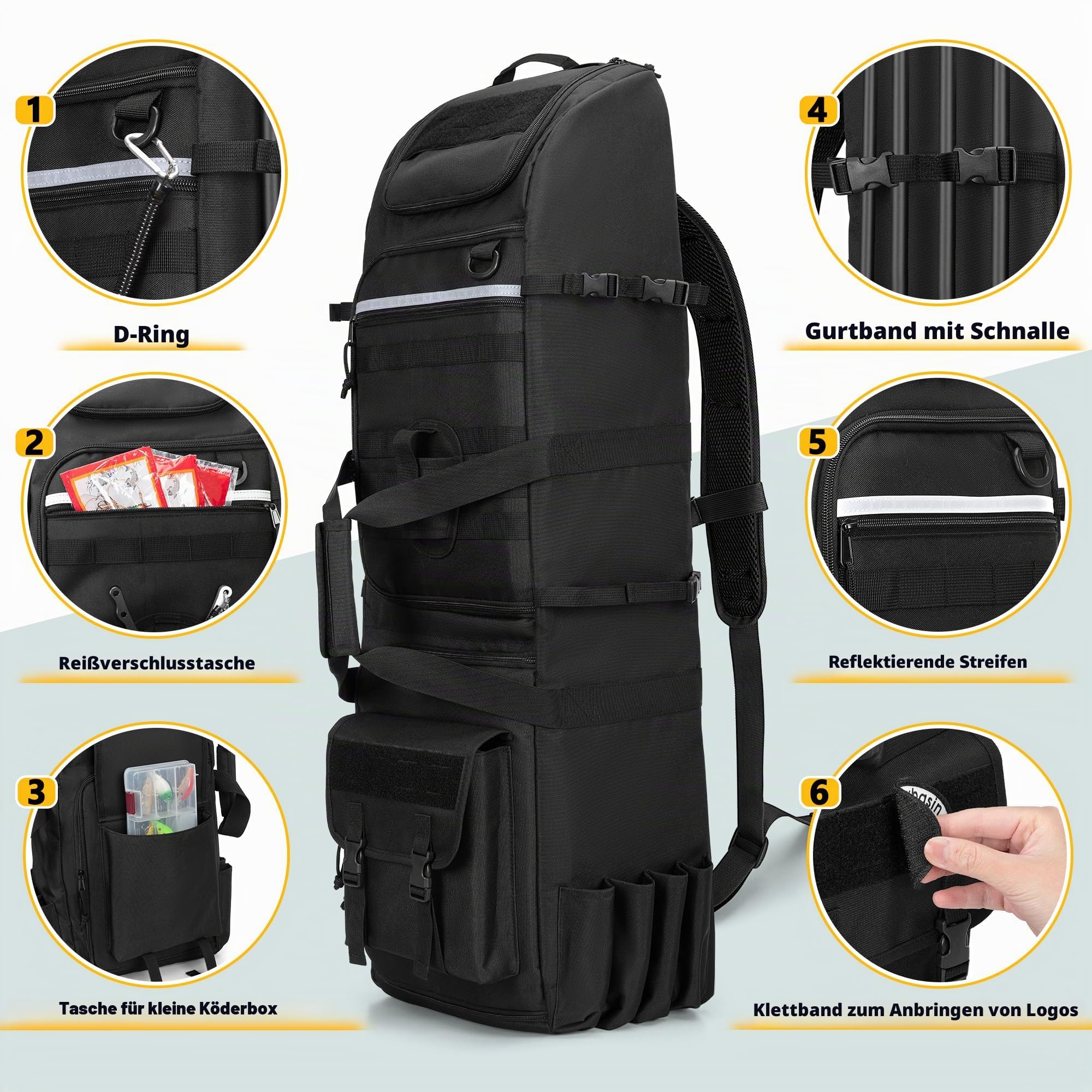 Rexmica Angelrucksack mit Rutenhaltern für 8 Outdoor-Angelrute, Schwarz | Angelrutentasche mit Fächern für Tackleboxen, Große Angelausrüstung Rucksack für Angeln Wandern Camping Trekking