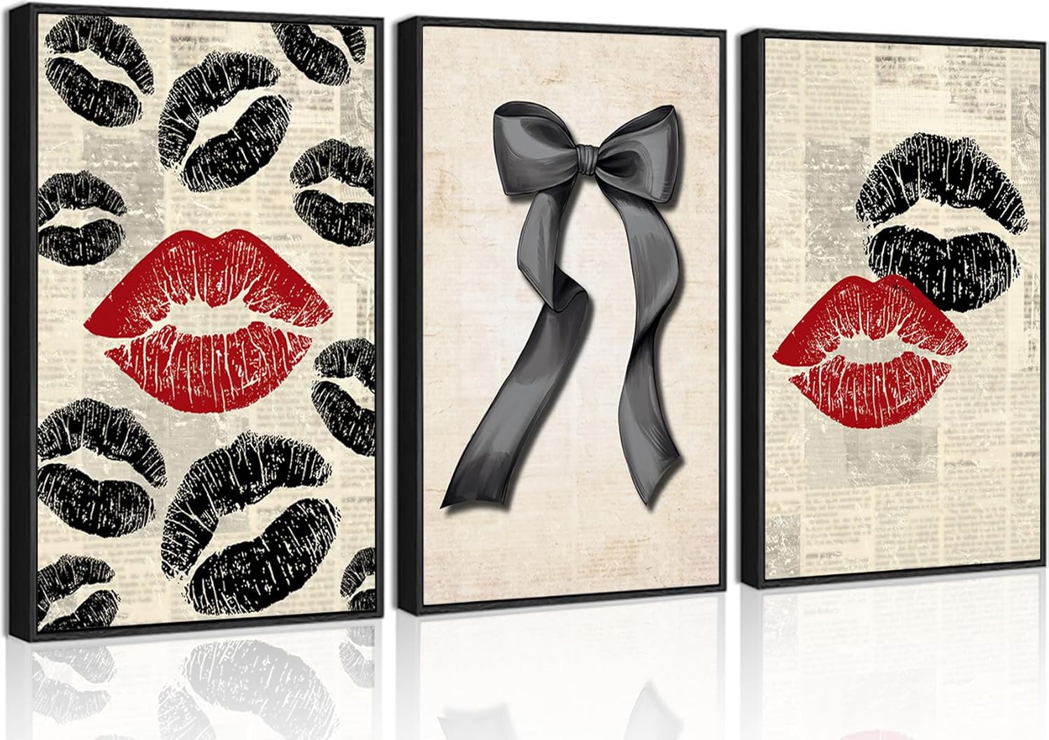 3Pcs Vintage Funky Red Kiss Lip Wall Art Black Bow Wall Decor Picture Trendy Preppy Aesthetic Canvas Posters Prints for Girl Room Dorm Apartment Bedroom Decorations,Unframed 16x24in