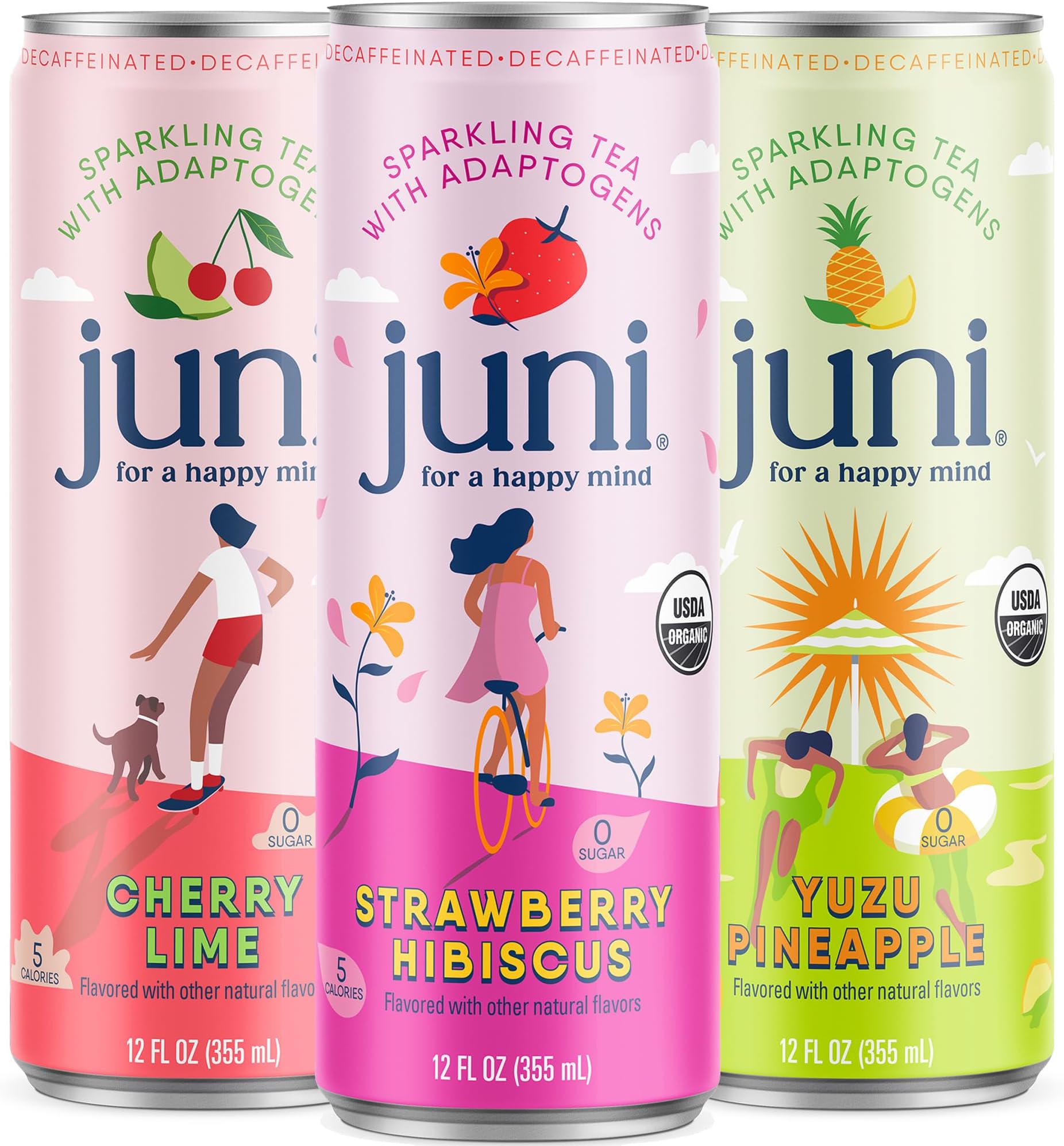 Juni Sparkling Adaptogen Drink with Ashwagandha, Lion’s Mane & Reishi Mushrooms | Green Tea for Focus, Zero Sugar, 5 Calories | Decaffeinated, Non Alcoholic Drinks – Variety Pack (12 Pack)