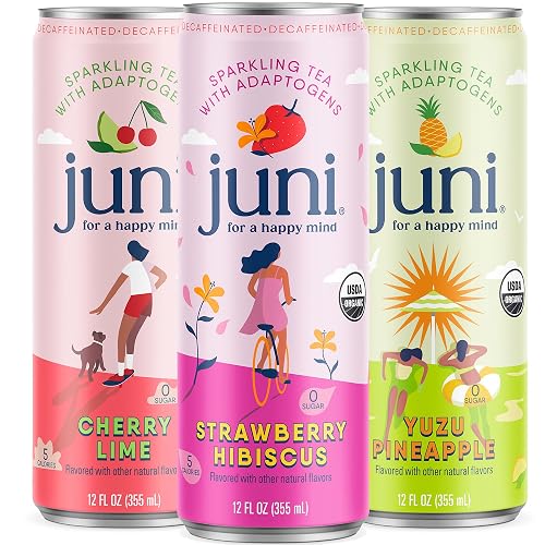 Juni Sparkling Adaptogen Drink with Ashwagandha, Lion’s Mane & Reishi Mushrooms | Green Tea for Focus, Zero Sugar, 5 Calories | Decaffeinated, Non Alcoholic Drinks – Variety Pack (12 Pack) - Variety Pack - 12 Fl Oz (Pack of 12)