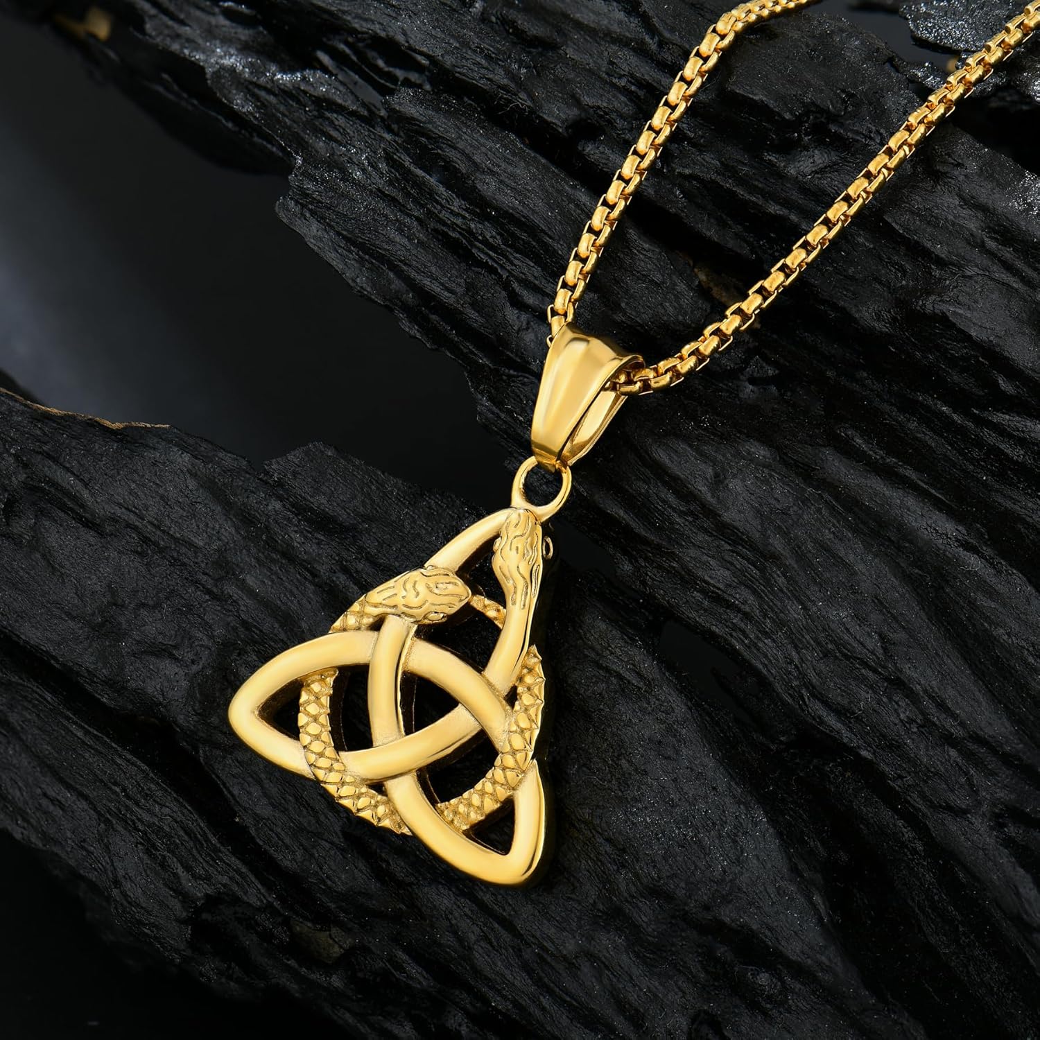 Mens Celtic Knot Double Snake Head Necklace, Viking Trinity Knot Stainless Steel Pendant for Men Women, 24" Rolo Chain Irish Celtic Jewelry