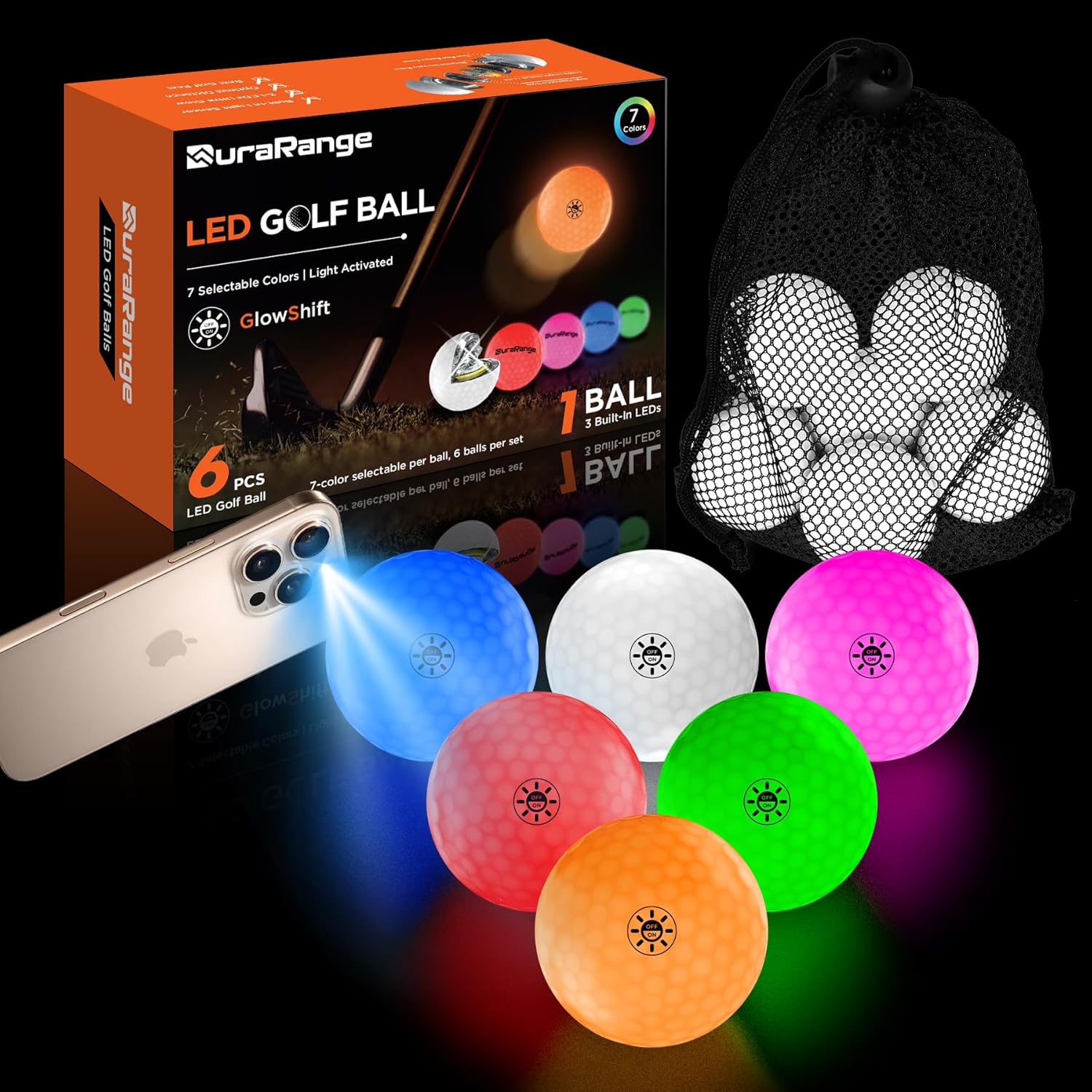 GlowShift LED Golf Balls & Flagstick Set – 7-Color Light-Control Balls with 3-LED Core + 6ft 5-Section Flagpole with Drain Cup & Durable Nylon Flag – Night Golf Practice Gift