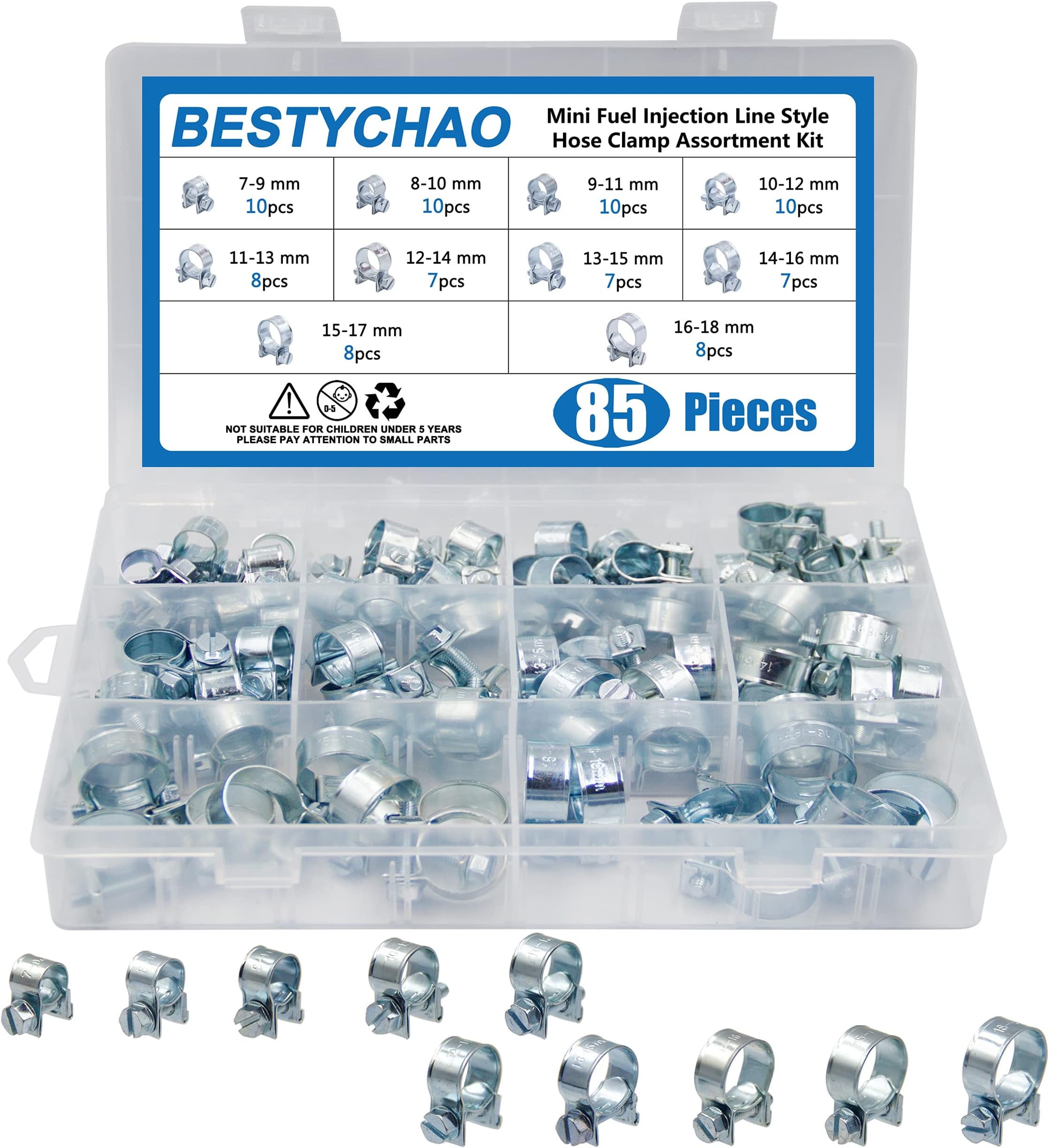 Mini Fuel Injection Hose Clamps Zinc Plated 85pcs 7-18mm Range Adjustable Hose Clips Assortment Petrol Pipe Clamps for Automobiles, Tractors, and Other Areas (Sliver)