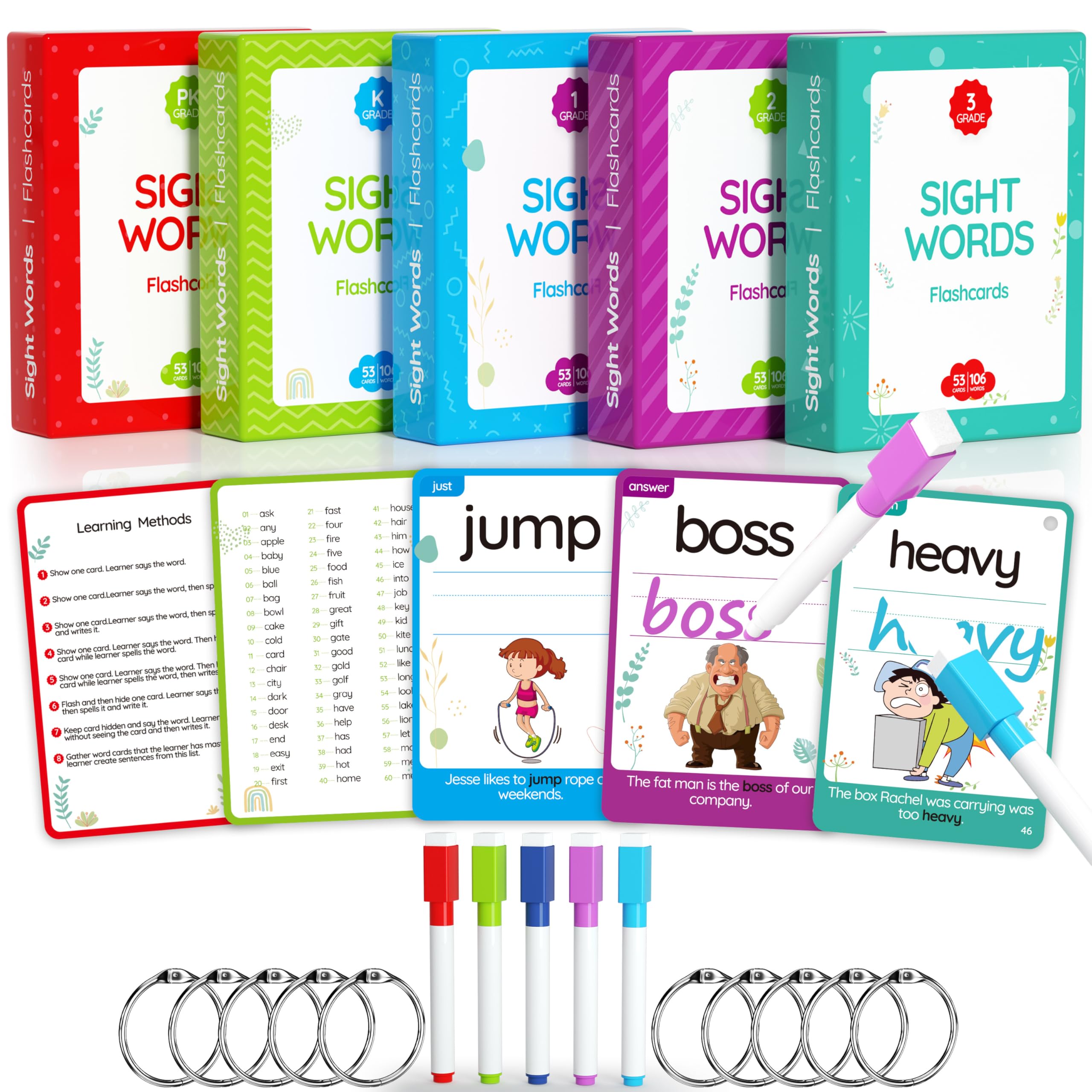WJPC 275 Cards, 530PCS High Frequency Sight Words Flash Cards With Pictures, Sentences, for (Pre-Kindergarten, 1st, 2nd, 3rd 4th Grade, 4,5,6,7,8,9,10,11 Years Ages Kids Preschool, Homeschool
