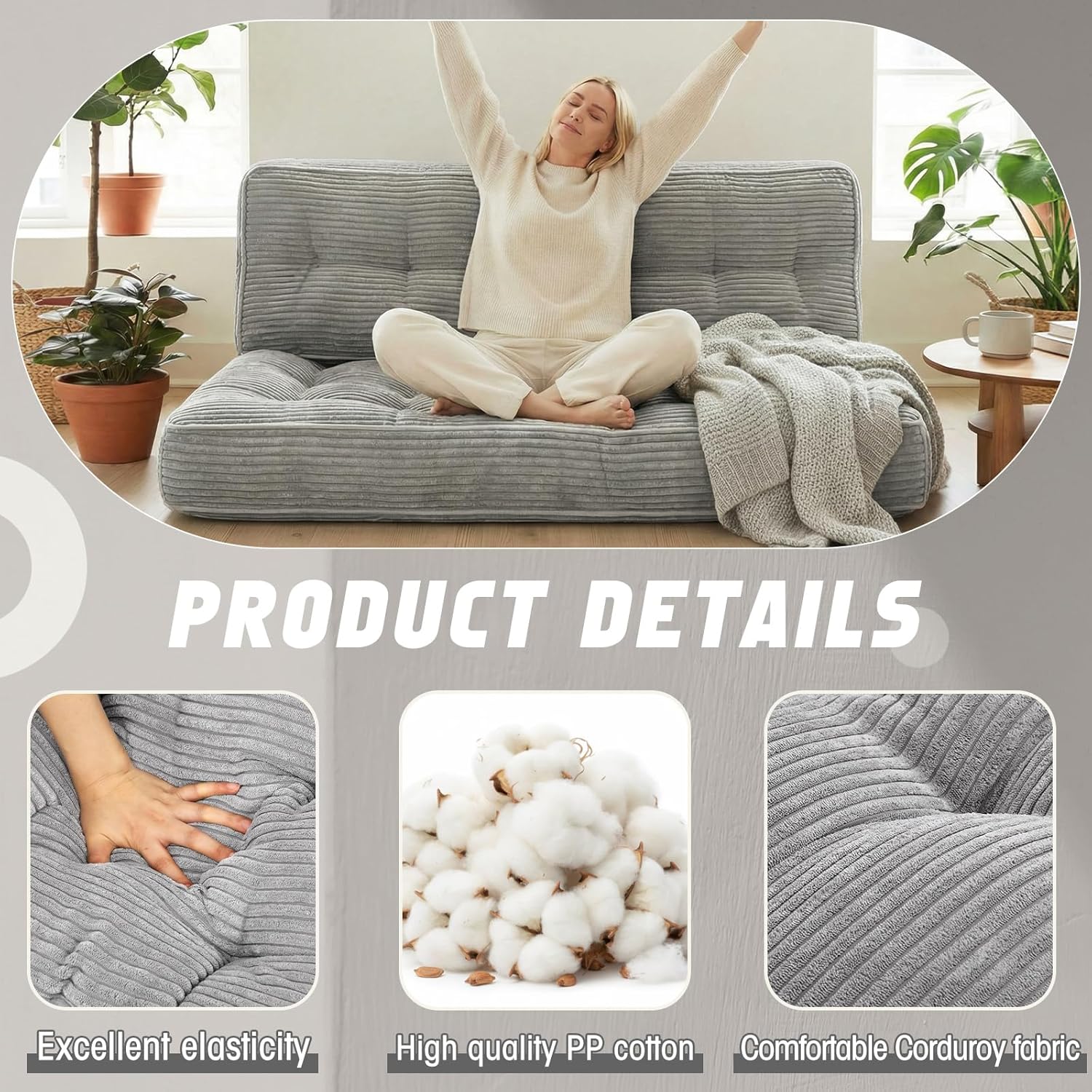 63 Inch Folding Bench Cushion, 4 Inch Thick 2-in-1 Convertible Long Floor Lounger Boneless Cushions Couch Mattress Upholstered for Yoga, Reading, Sleeping, Meditation Living Room(Light Grey)