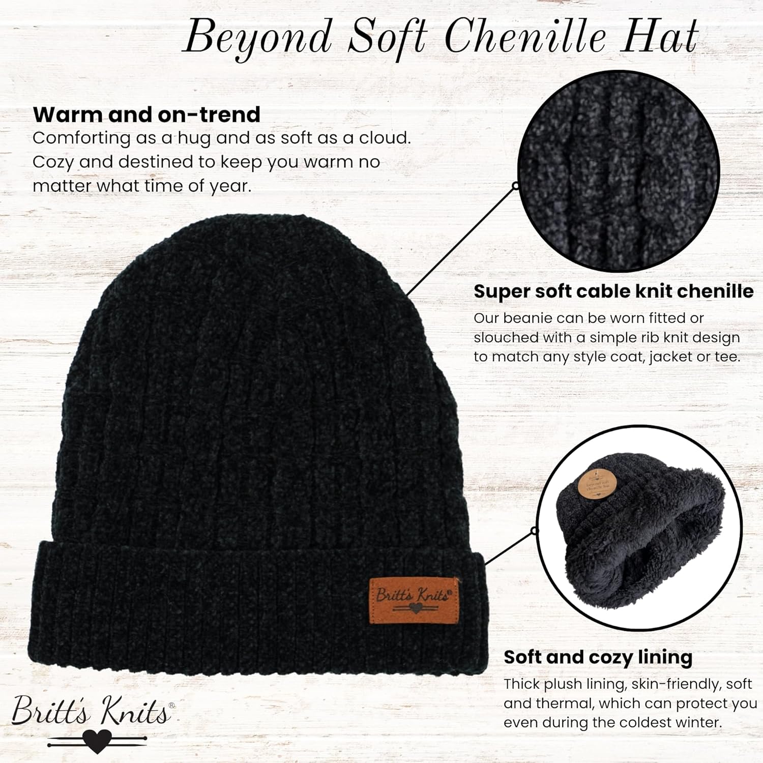 Britt's Knits Women's Soft Chenille Plush-Lined Thick Knit Cold Weather Hat Ski Cuff Cap - Image 2
