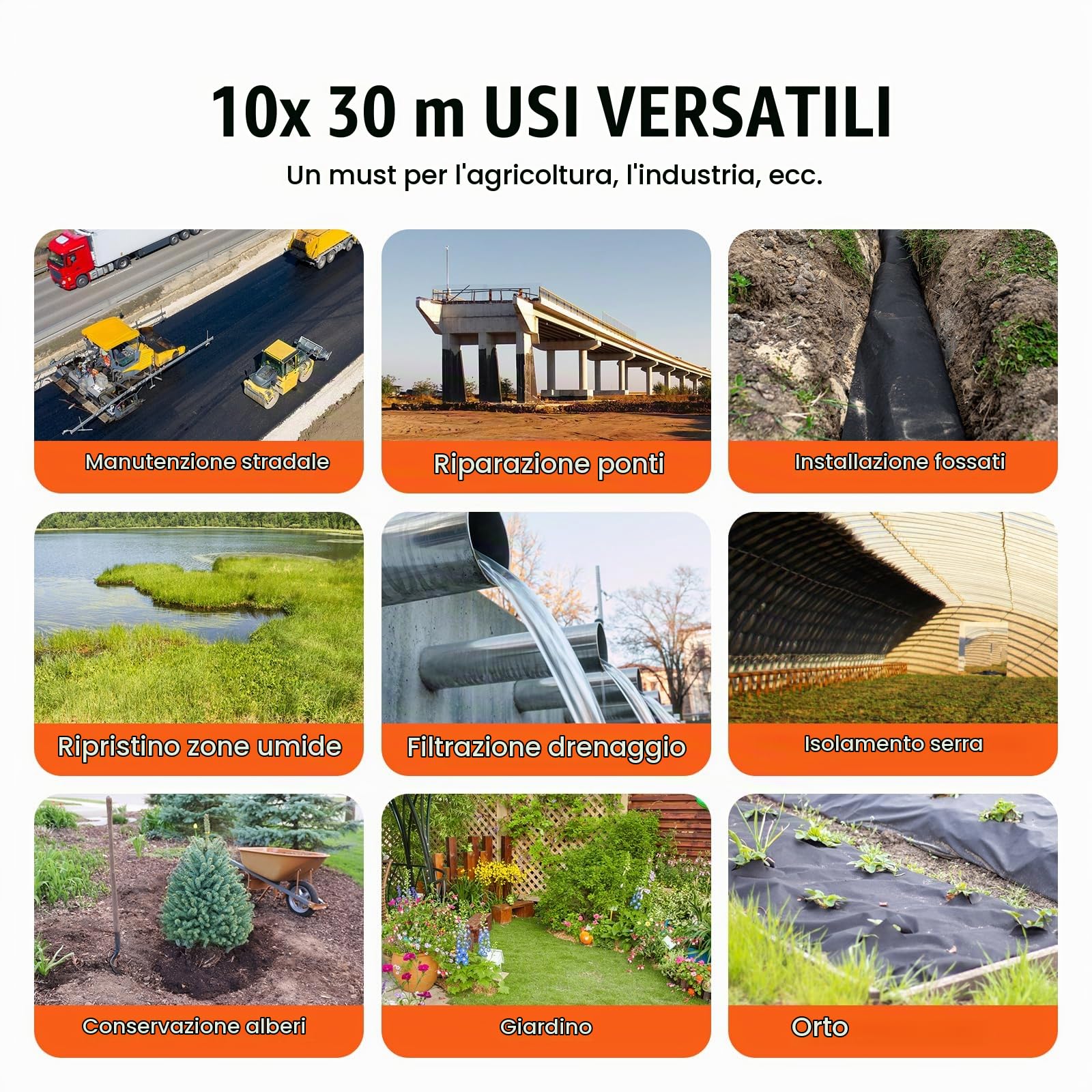VEVOR Telo Geotessile Non Tessuto 3 x 30,5 m, Tessuto Pacciamante 271 g/m², Telo Pacciamatura Anti Erbacce per Sistemi di Drenaggio, Paesaggistica, Copertura Non Tessuto Geotessile del Terreno, Nero