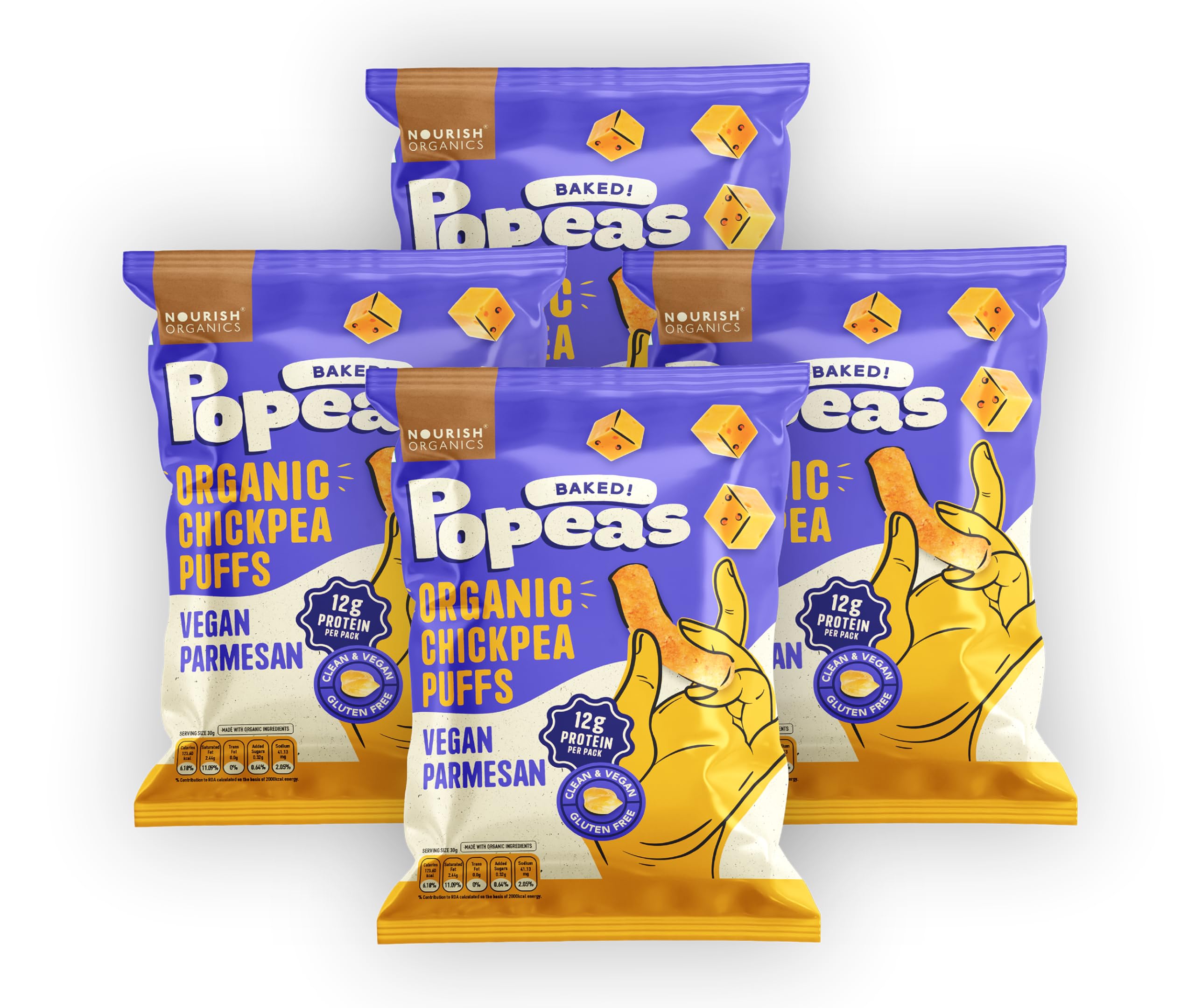 Nourish Organics Vegan Parmesan Protein Puffs | 12g Plant Protein per Pack | Baked, Not Fried | Chickpea, Brown Rice & Maize-Based | Cashew & Nutritional Yeast Seasoning | No Maida, No Palm Oil | Gluten-Free Savoury Snack | 60g (Pack of 4)