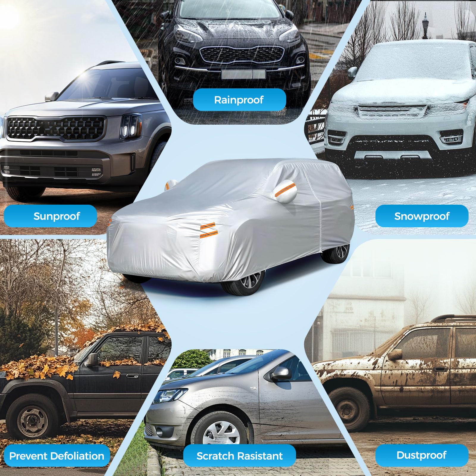 Tsumbay 190T Car Cover Waterproof All Weather Outdoor Full Exterior Cover with Door Zipper Storage Bag Rain Hail — view 6