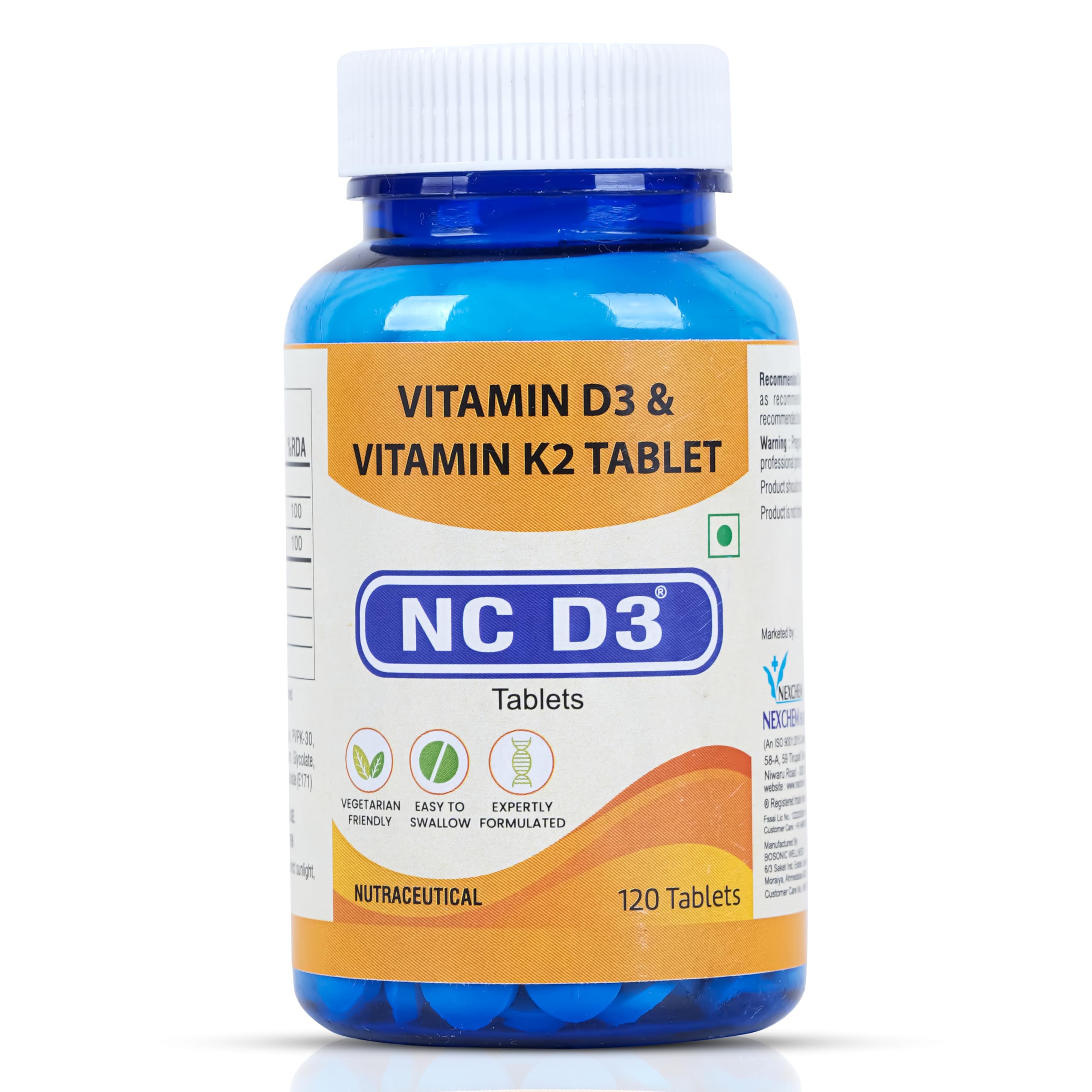 [BRSRGEATAECWECTV] Nexchem NC D3 Vitamin D3 + K2 (MK-7) Tablets | 600 IU Vitamin D3 + 55 mcg K2 | Supports Bone, Heart Health & Immunity | 100% Vegetarian | 120 Tablets