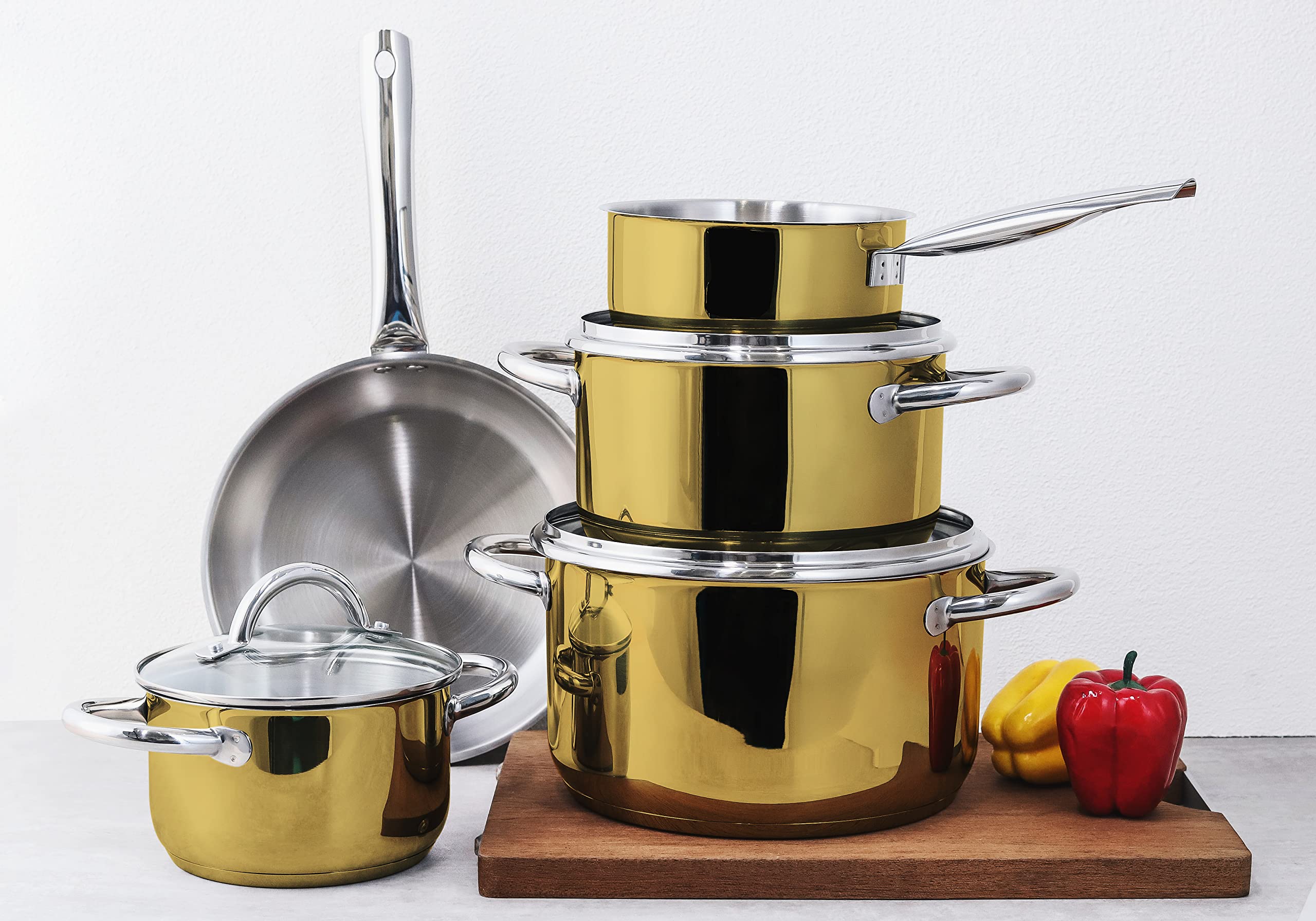 ECHTWERK Lot de 8 casserole en acier inoxydable de qualité supérieure - Avec couvercle en verre - 3 casseroles - Pour tous types de feux - Édition dorée