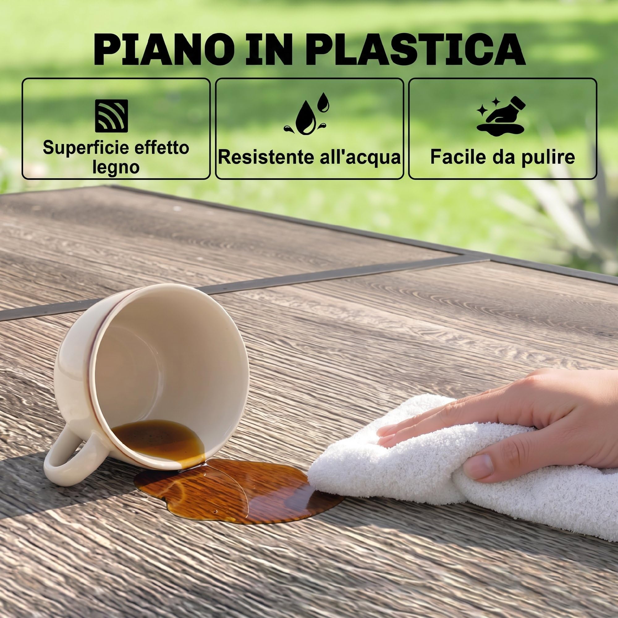 Outsunny Tavolo da Giardino Effetto Legno 145x85 cm per 6 Persone Grigio | Piano in Plastica, Tavola da Pranzo da Esterno Rettangolare, Gambe in Acciaio, per Patio, Terrazzo, Balcone