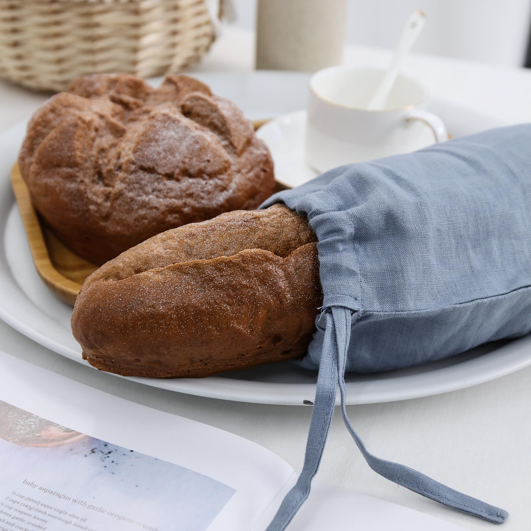 Pure Linen - Juego de 2 bolsas de pan reutilizables con cordón, almacenamiento de pan de baguette de masa madre, mezclilla 3