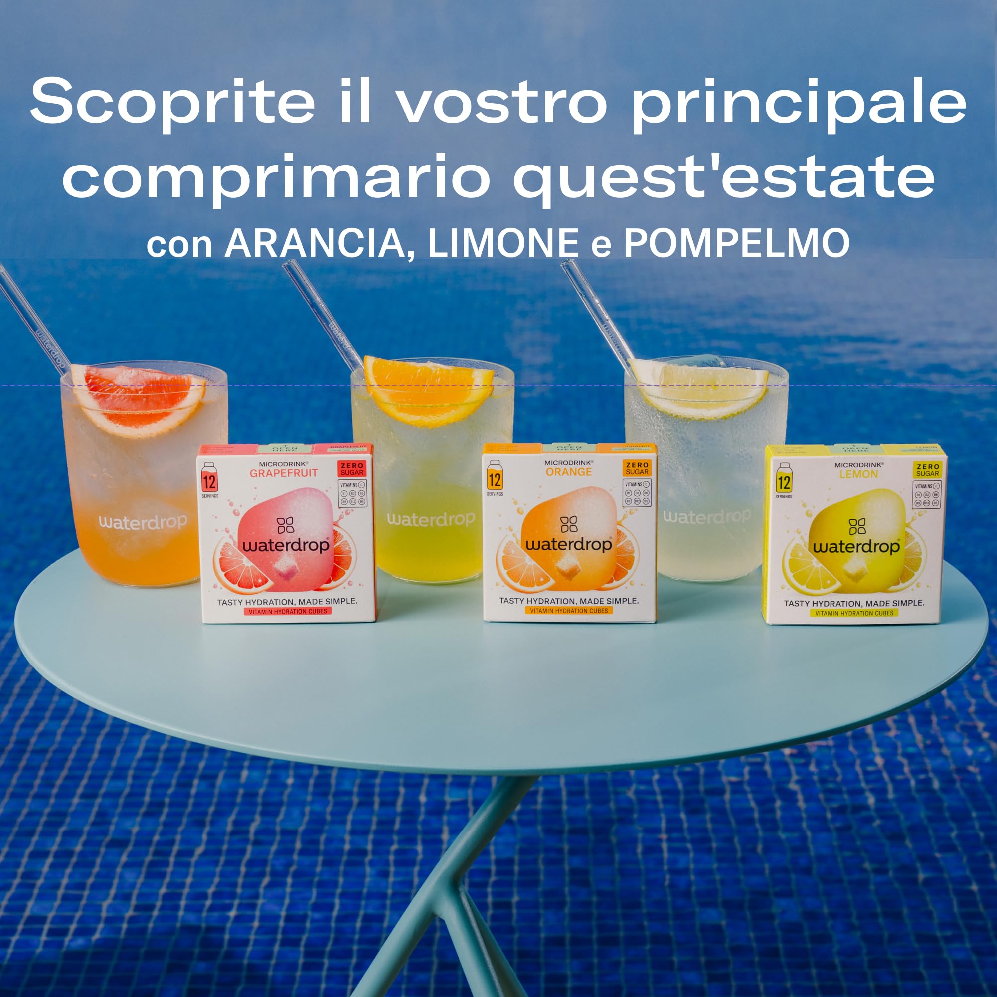 waterdrop® Set Microdrink, ARANCIA, LIMONE e POMPELMO, 36 cubetti effervescenti senza zucchero per aromatizzare l'acqua, Estratti di frutta e piante, Acqua Aromatizzata, infusione a freddo