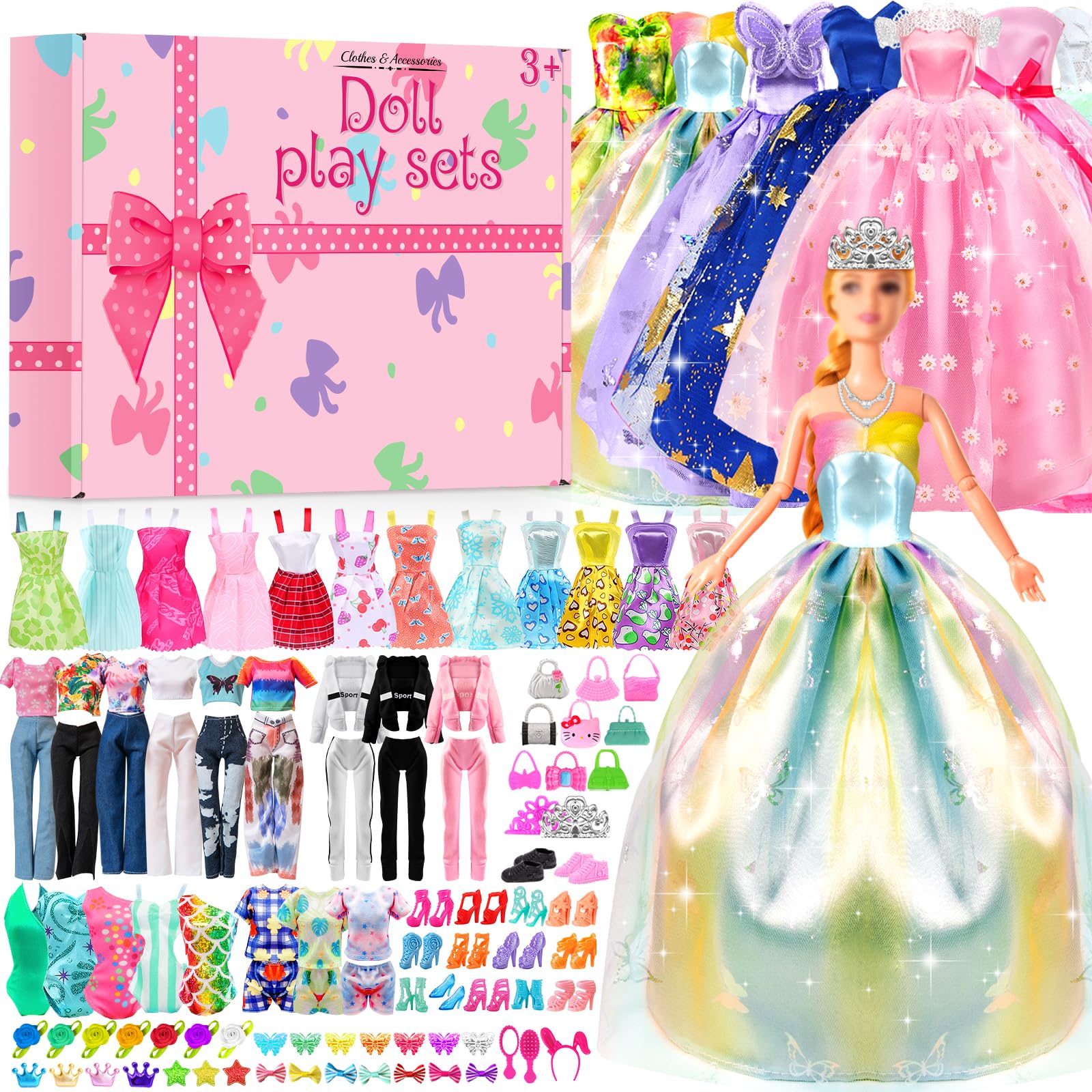 81Pcs Doll Clothes for Barbie, 1 Girl Doll, 4 Party Dresses, 2 Pants &Tops, 10 Sundresses, 1 Pyjamas, Hooded Sports Suit, 3 Swimsuits, 27 DIY Dolls Accessories, 5 Bags, 10 heels, Shoes for 11.5" Dolls