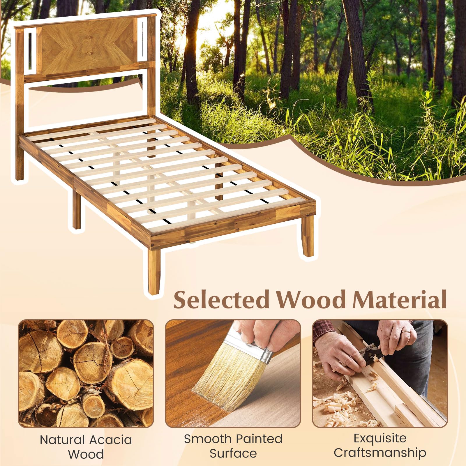 Giantex Full Size Acacia Wood Platform Bed Frame, Mid-Century Modern Bed Frame with Headboard, Wooden Slats Support, Under-Bed Space, No Box Spring Needed, Easy Assembly, Caramel: Twin Mid-Century Modern
