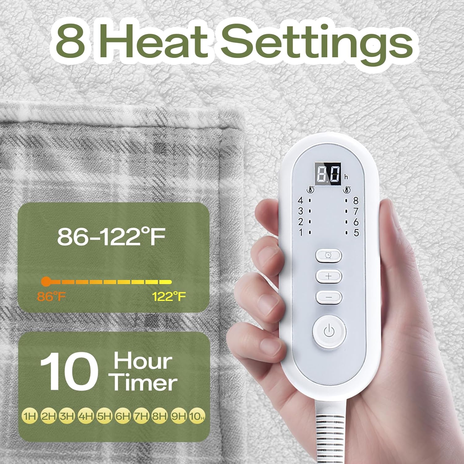 Electric Blanket Heated Full Size-72" x 84" Heated Blanket with 8 Heat Levels & 10 Hours Auto Off, Fast Heating Sherpa Blankets with ETL & FCC Certification, Washable, Grey Plaid - Image 3