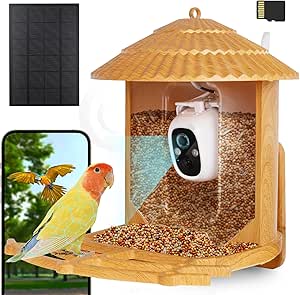 Samyoung Smart Bird Feeder with Camera AI Identify Bird Species, 4MP HD Auto Capture Bird Watching Cam, Live View, Instant Notifications with 32GB TF Card, Solar Powered Bird Camera, Wood Color asin的图片