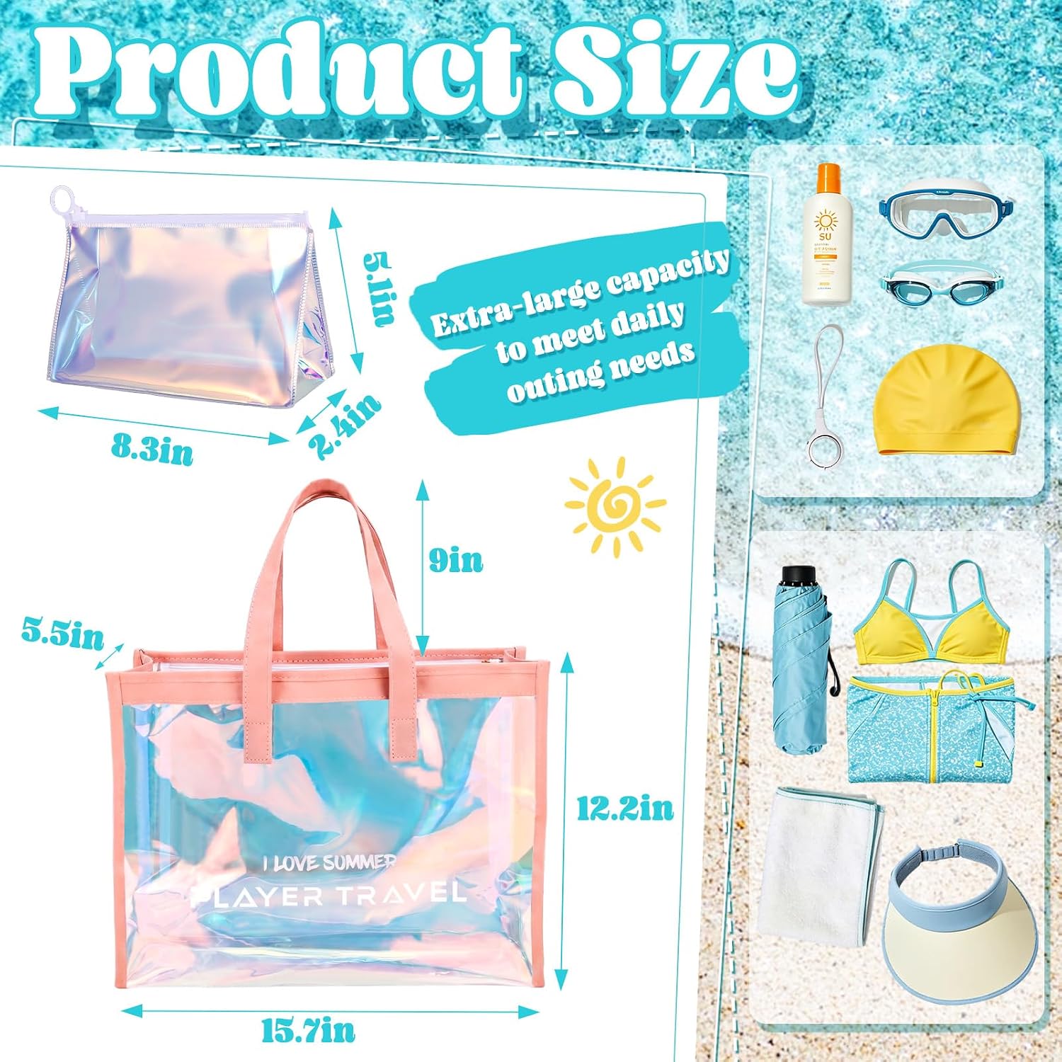 JATEBI 2Pcs Iridescent Clear Beach Bag Set, Holographic Waterproof Tote | Pvc Material, Shifting Rainbow Color, Easy to Clean, Style and Function, Women Travel Bag for Vacation Shopping Essential
