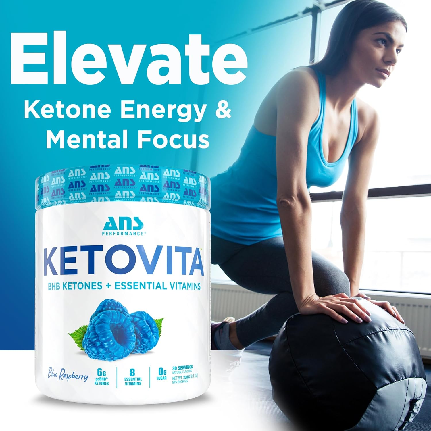 ANS Performance Ketovita Supplement Beta-Hydroxybutyrate Ketones Drink Powder with Zero Sugar and 30 Servings, Boosts Metabolism, Blue Raspberry
