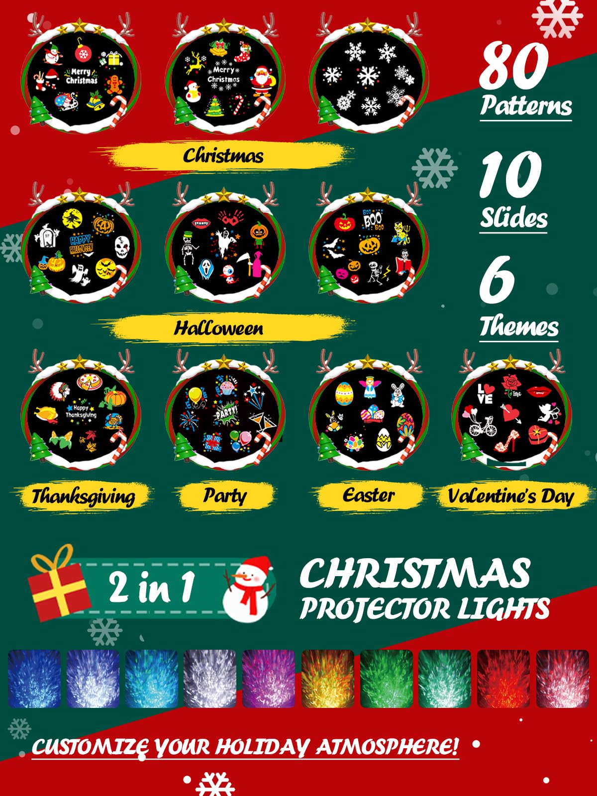 Anysun Projektor Weihnachten Aussen, Schneeflocken Projektor Aussen mit 10 HD-Dias & 80 Cartoon-Motiven, Weihnachtsprojektor Outdoor mit Timer, Lichtprojektor Garten mit Fernbedienung für Dekoration