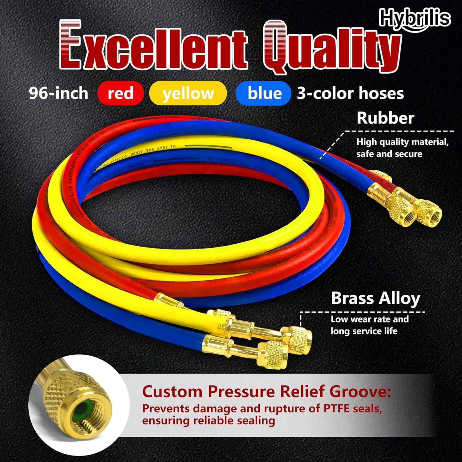 2026 Upgrade 120"(10FT) Refrigerant Charging Hose, 1/4", for R134A, R410A, R22 and All Common Refrigerants, Standard 1/4" Flare Fittings, Yellow/Red/Blue (Set of 3)