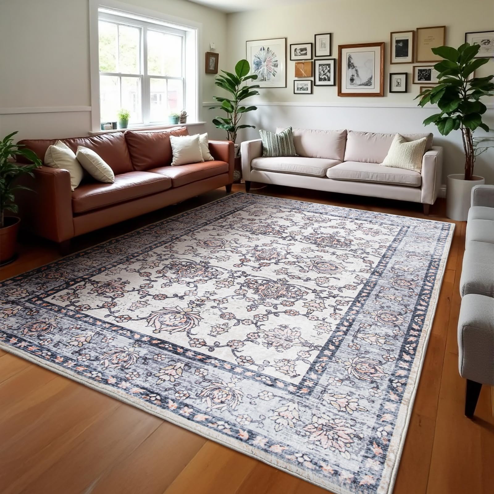 CRYPTOLITE Area Rug for Living Room, 9x12 Machine Washable Non Slip Large Faux Wool Throw Rug, 0.3″ Low Pile & Non-Shedding Boho Large Carpet Rugs for