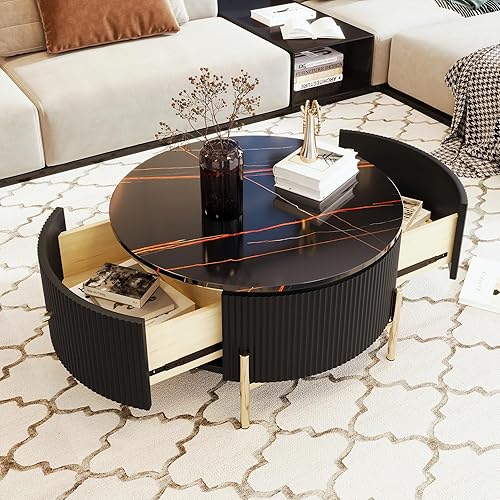 LUMISOL Mesa auxiliar anidable con 2 cajones, mesa auxiliar apilable con vidrio templado marrón y mesa de mármol de alto brillo, juego de 2, mesa