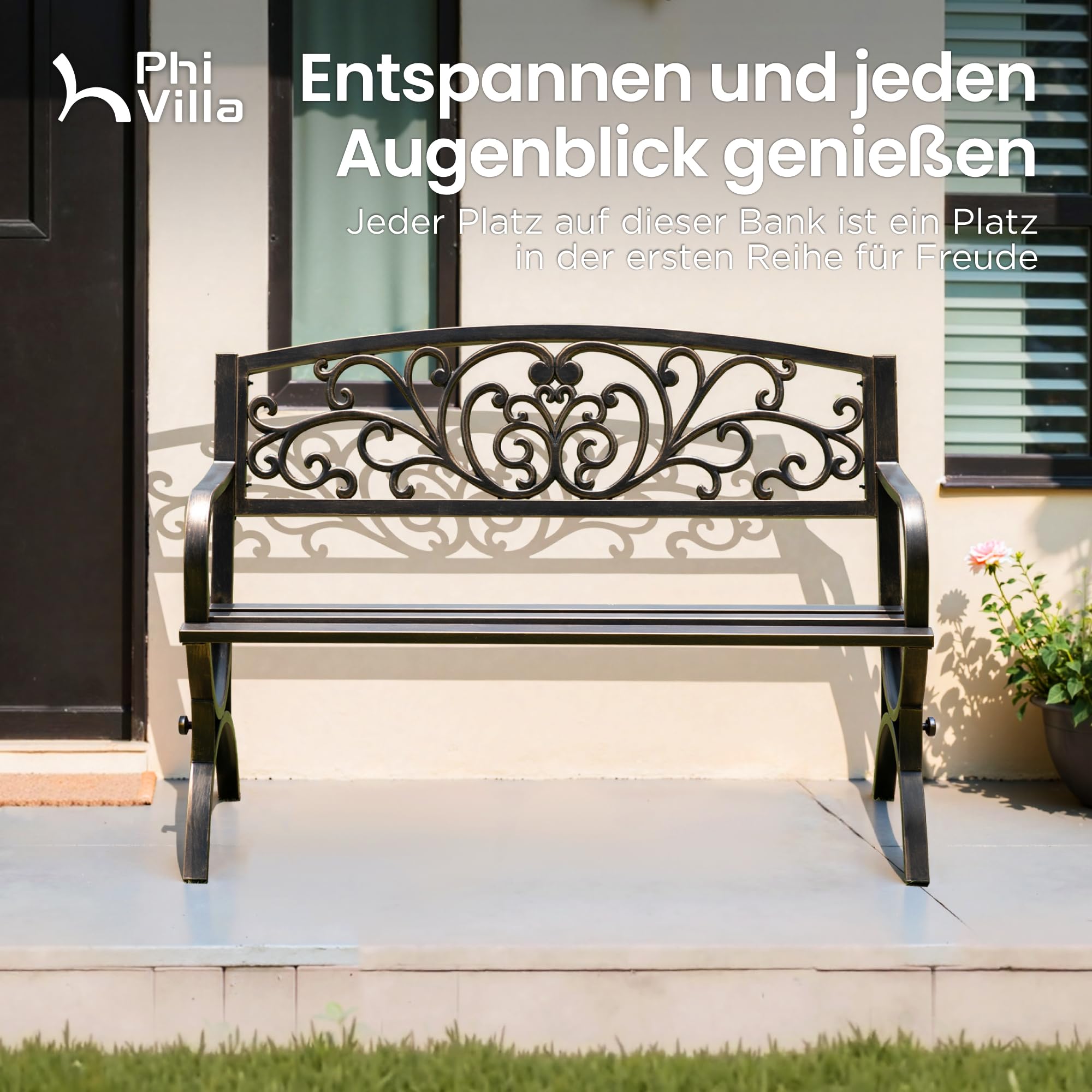 PHI VILLA Gartenbank Metall Rostfrei Rückenlehne aus Gusseisen Stahlrahmen 2-3 Sitzer Bank Outdoor mit Floralem Design für Park, Garten und Terrasse Bronze
