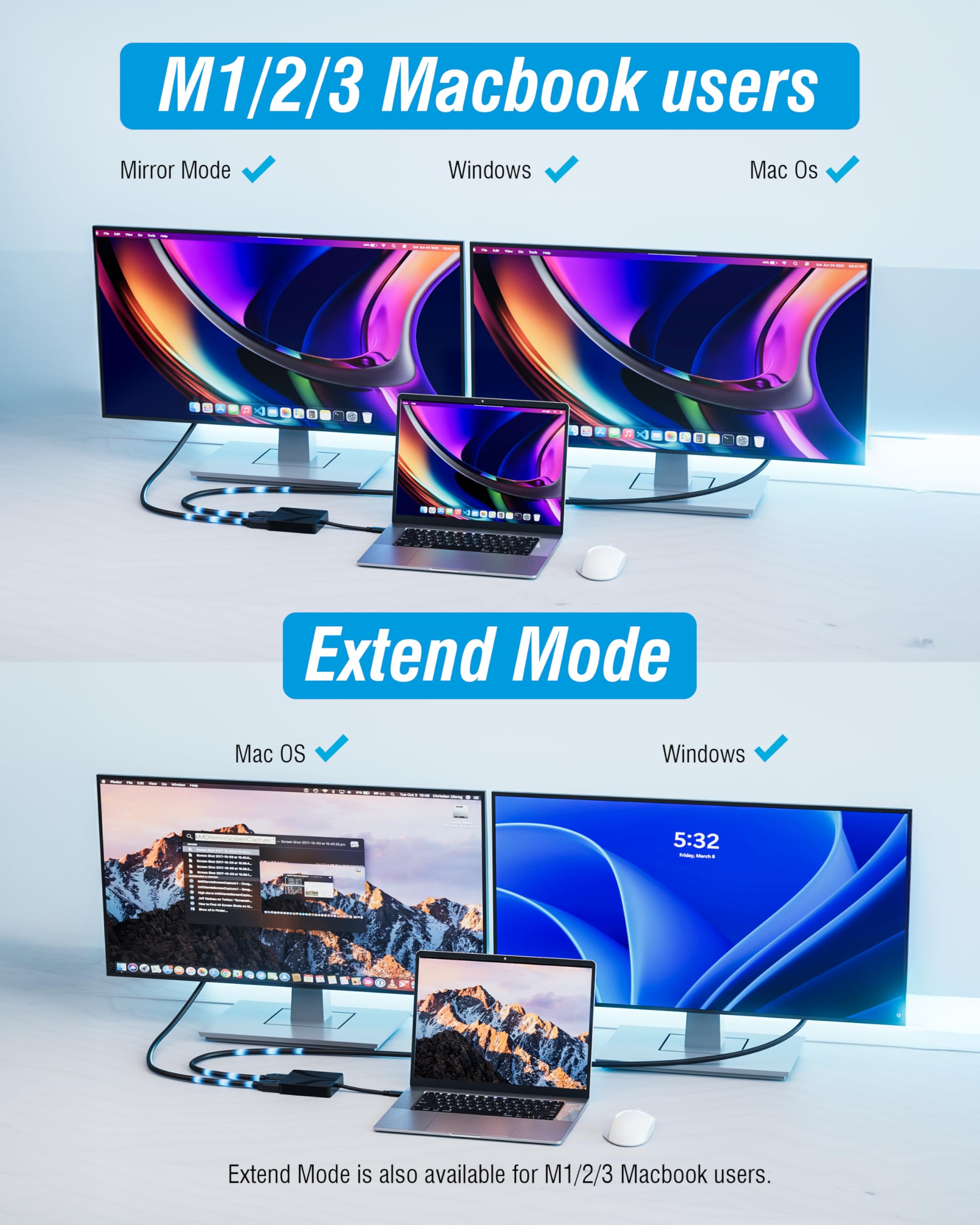 SABRENT Adattatore da USB tipo C/A a doppio HDMI, 4K a 60Hz, modalità estesa e specchio, compatibile con Alt Mode + DisplayLink, audio stereo/5.1, supporto HDCP, alloggiamento in alluminio, Plug