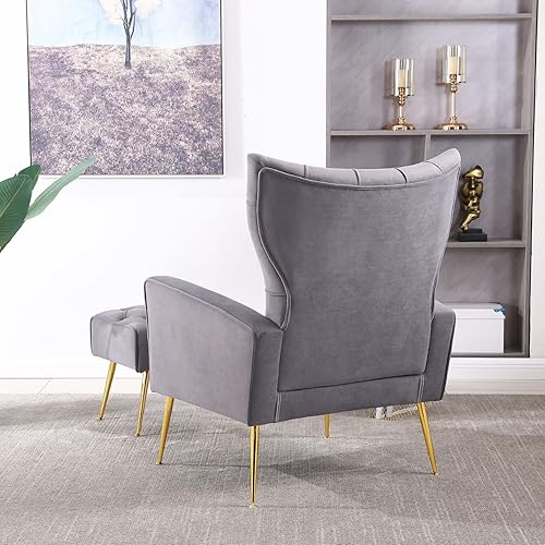 Miniatura 6 de LUCKHAO Silla decorativa de terciopelo con otomana, sillón copetudo con respaldo de alas con reposapiés, moderno sofá individual tapizado para