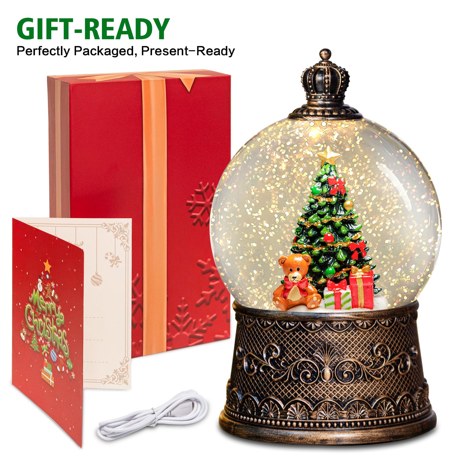Linterna de globos de nieve de Navidad con música, globos de nieve de árbol de Navidad con efectos de purpurina de remolino de agua, alimentado por USB/batería con temporizador de 6 horas
