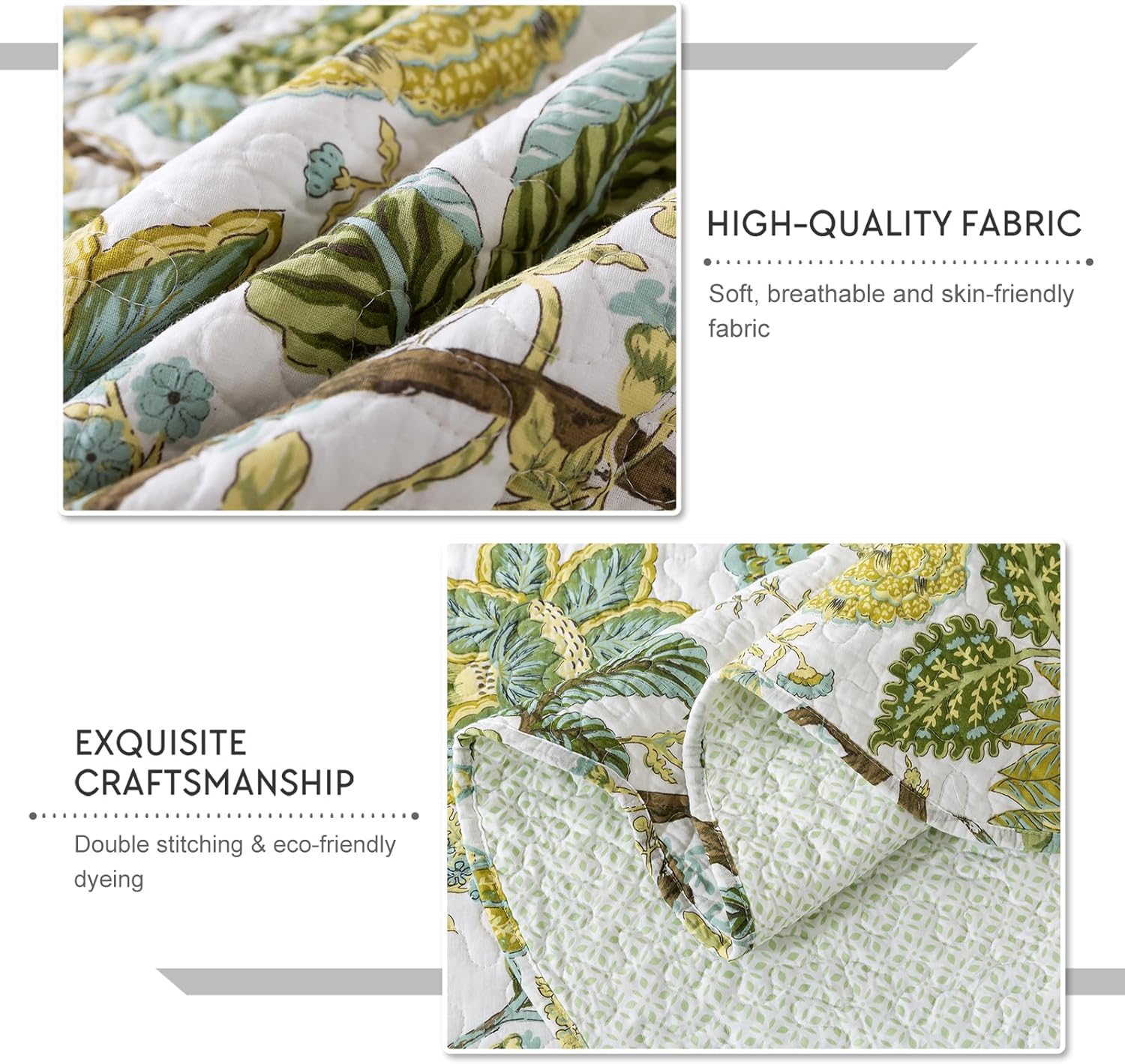 Travan 3-Piece Quilt Set Quilted Bedspread Cotton Coverlet Set Floral Oversized Quilted Bedding Set for All Season, White Vine, King Size - Image 4