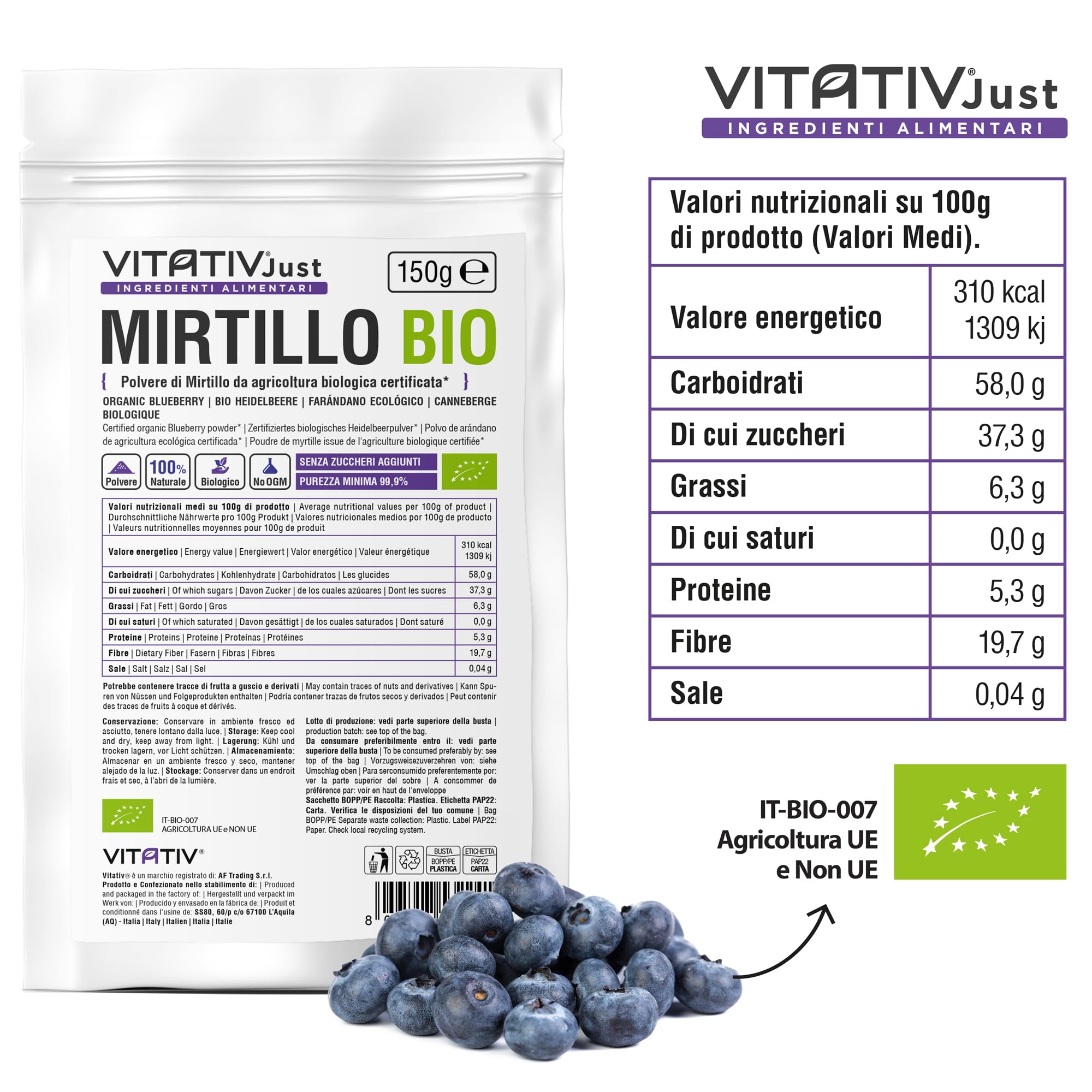 Polvere di Mirtillo Bio, Senza Zuccheri Aggiunti, da Agricoltura Biologica Certificata