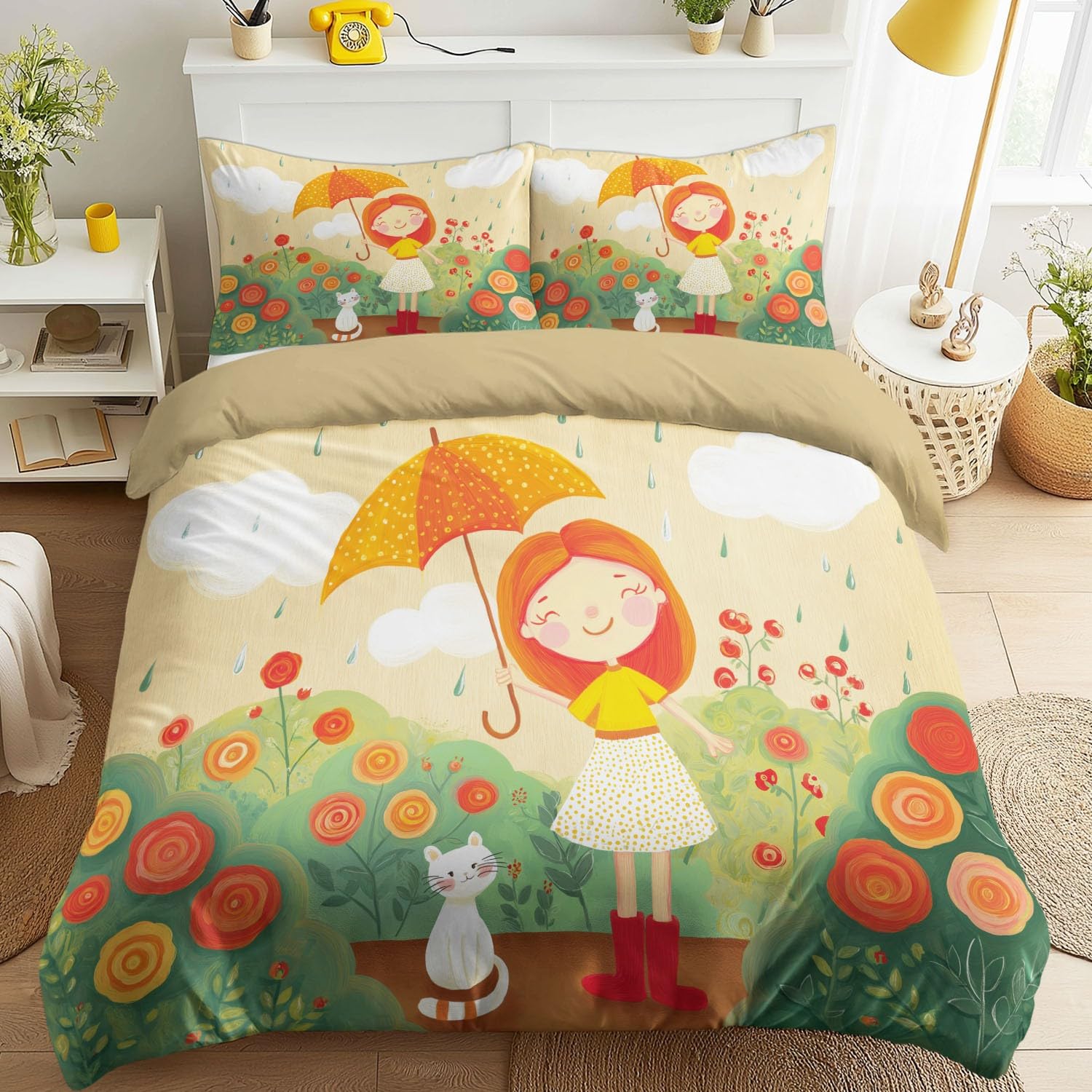 Biancheria da letto 180 x 200 cm, con illustrazione a libro illustrativo giocoso per bambini, biancheria da letto in microfibra con chiusura lampo, per adolescenti, colore beige