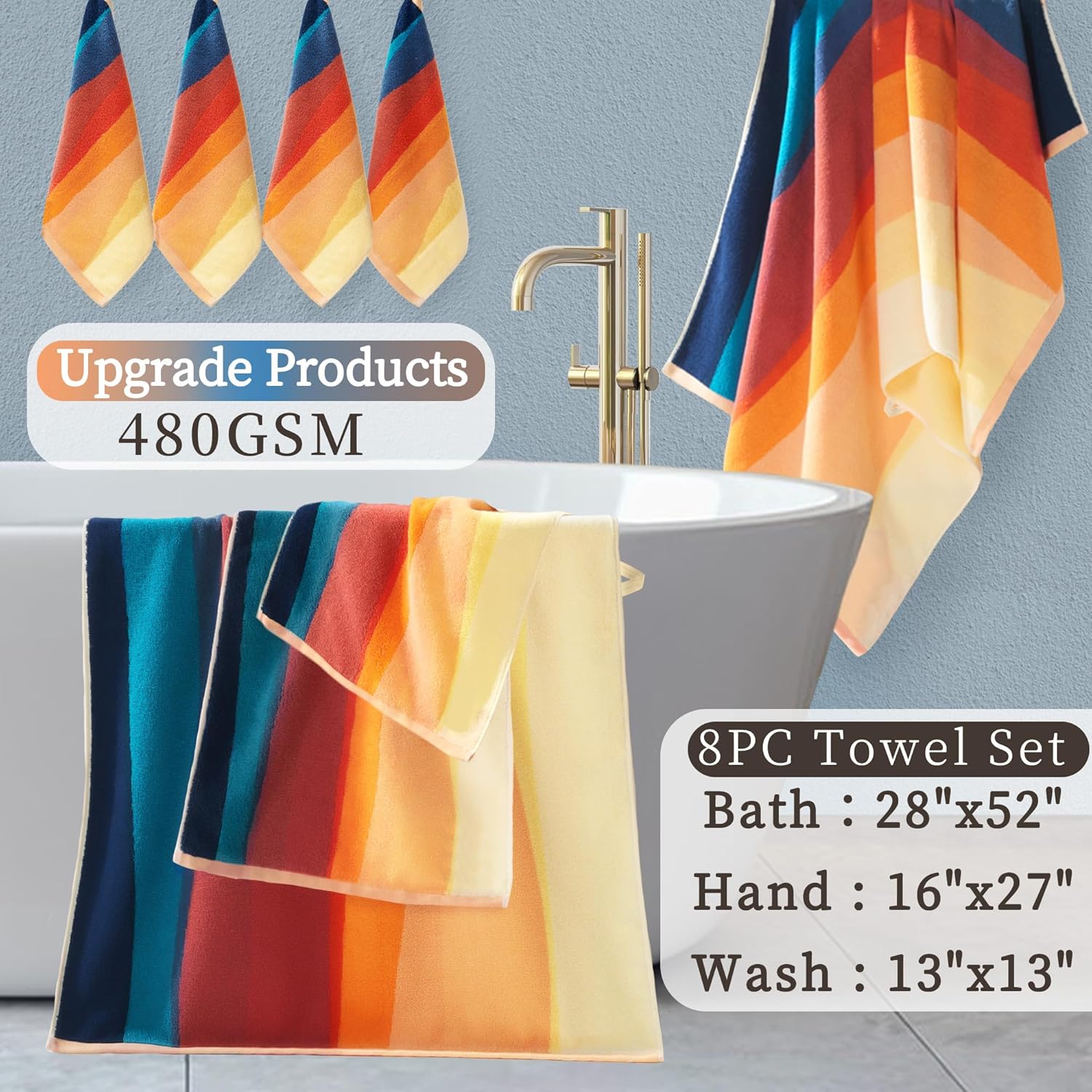 VOOVA & MOVAS Colorful Towels for Bathroom Cotton | 480GSM | Soft | Absorbent, 8PCS Patterned Towels Set, 2 Bath 28"x52", 2 Hand 16"x27", 4 Washcloths 13"x13", Decorative Towels Set, Red/Orange - Image 4