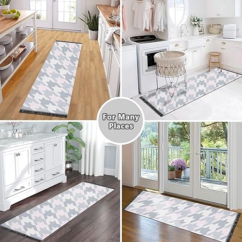 Miniatura 8 de CHIFIGNO Alfombra de pasillo de pata de gallo de color retro, color rosa, azul, blanco, con flecos, 72 x 23.5 pulgadas, para pasillo y sala de estar