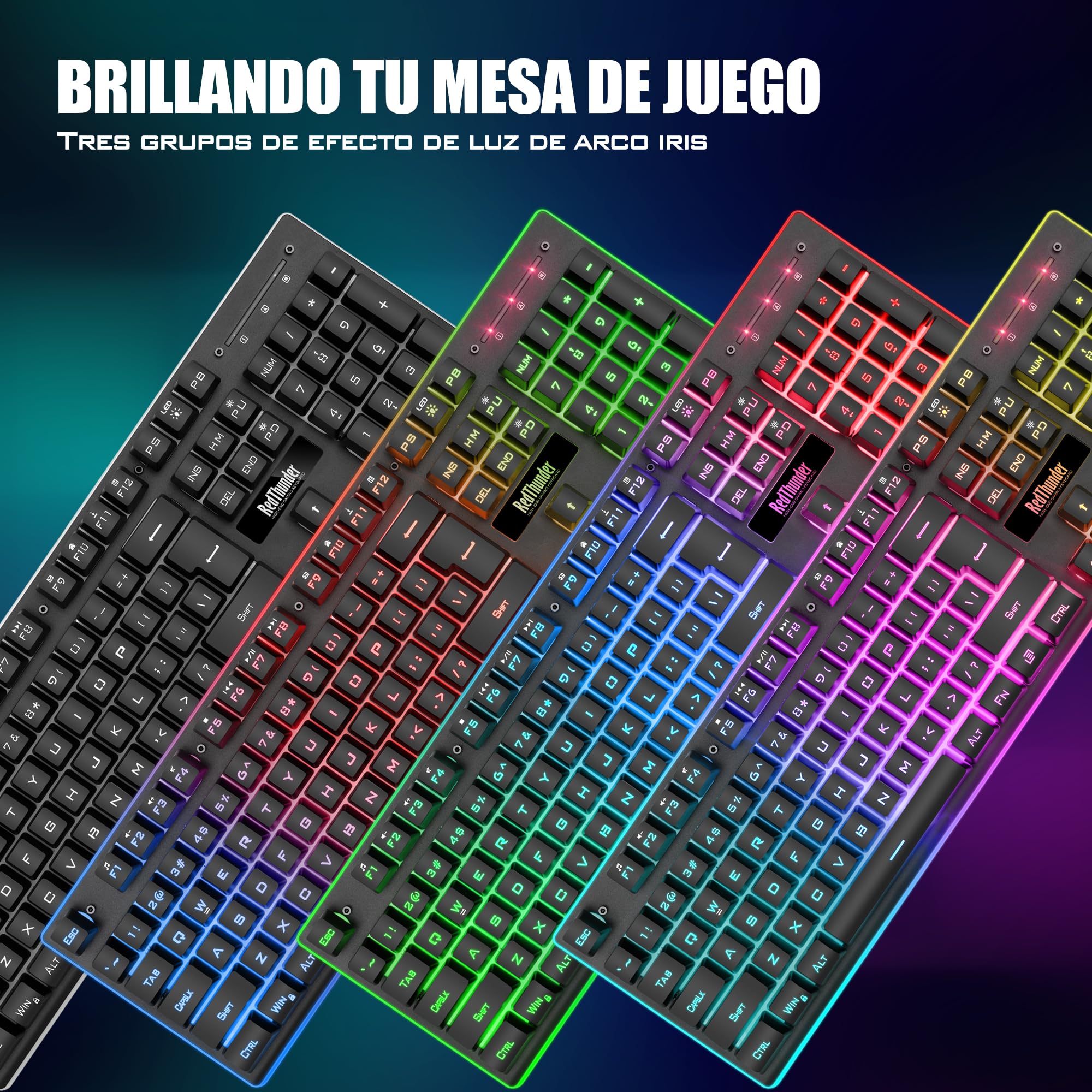 RedThunder K10 Teclado Gaming Sensación Mecánico lnalámbrico,Retroiluminación RGB,Batería Recargable de 3800 mAh, Anti-ghosting+Ratón 7D 3200DPI,Disposición ES,para PC/PS5/Xbox-Negro