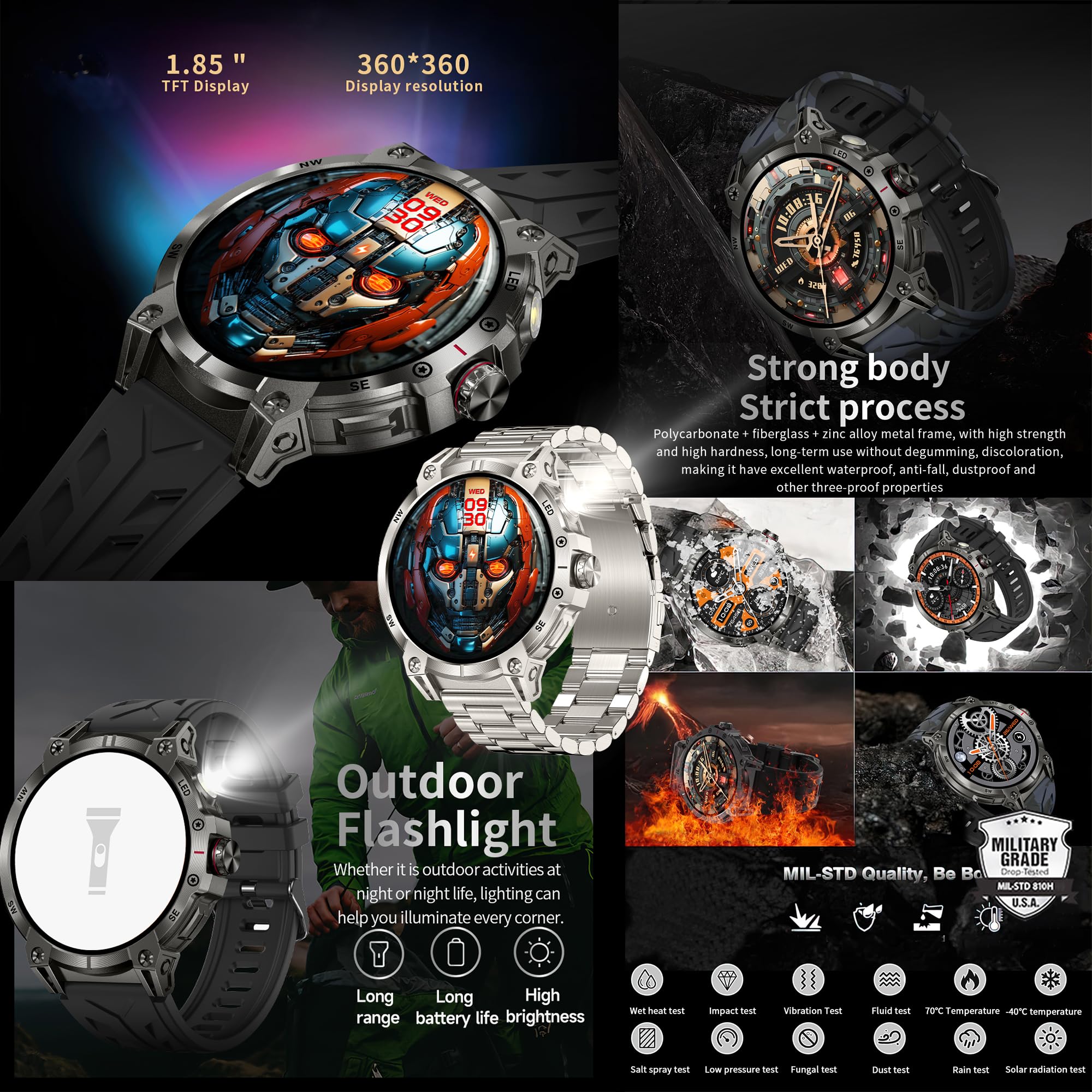 1,85" AMOLED Reloj Inteligente Hombre con Llamada y Whatsapp, Linterna, Batería de 760 mah, 5ATM Impermeable Reloj Smartwatch 123 Deportivo Hombre con Monitor Sueño, Pulsómetro Android iOS (plateado)