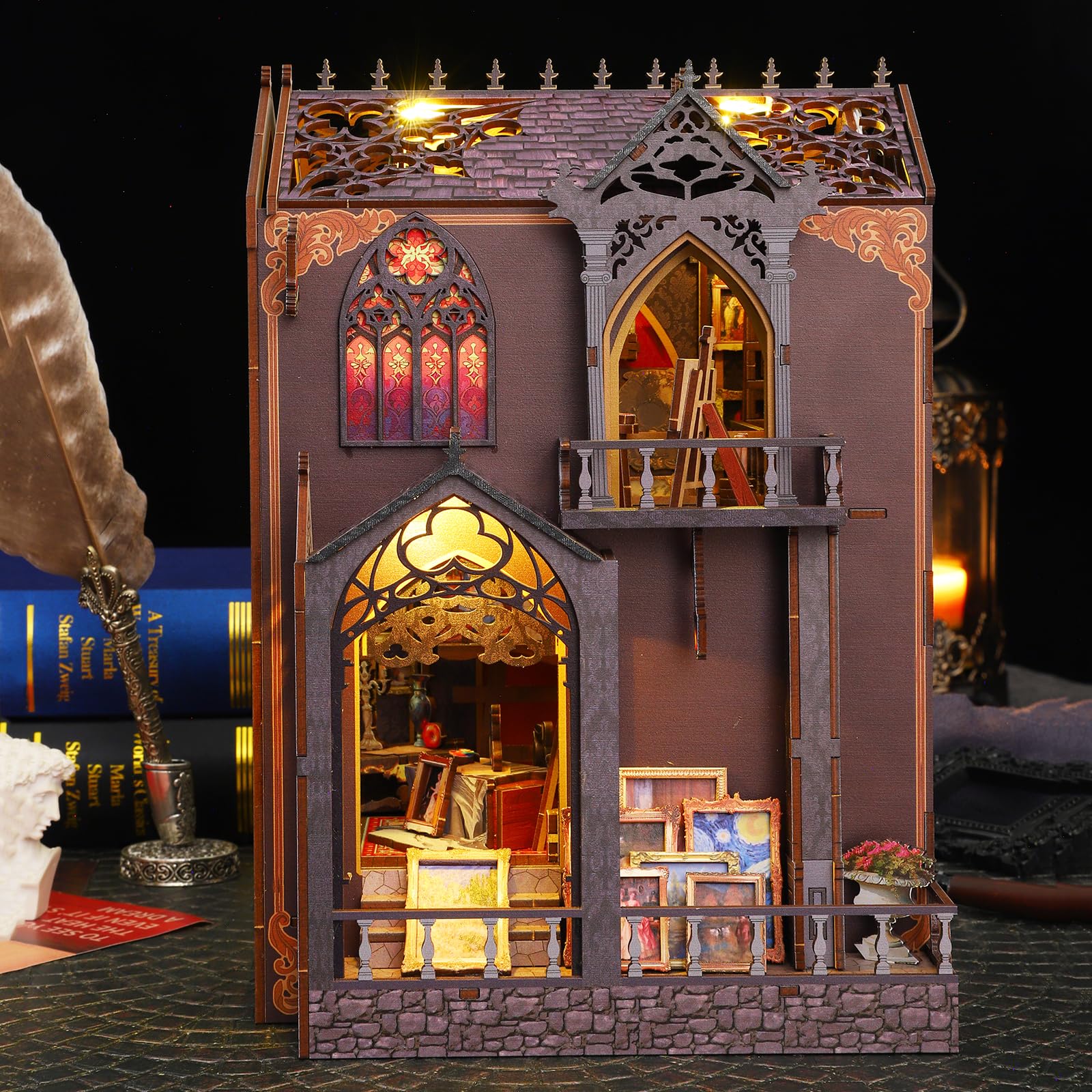 CUTEROOM DIY Book Nook Kit – Puppenhaus Holz 3D Puzzle – Miniatur Wunderkammer Bastelset mit LED&Spieluhr – Geschenk für Kunstliebhaber & Deko