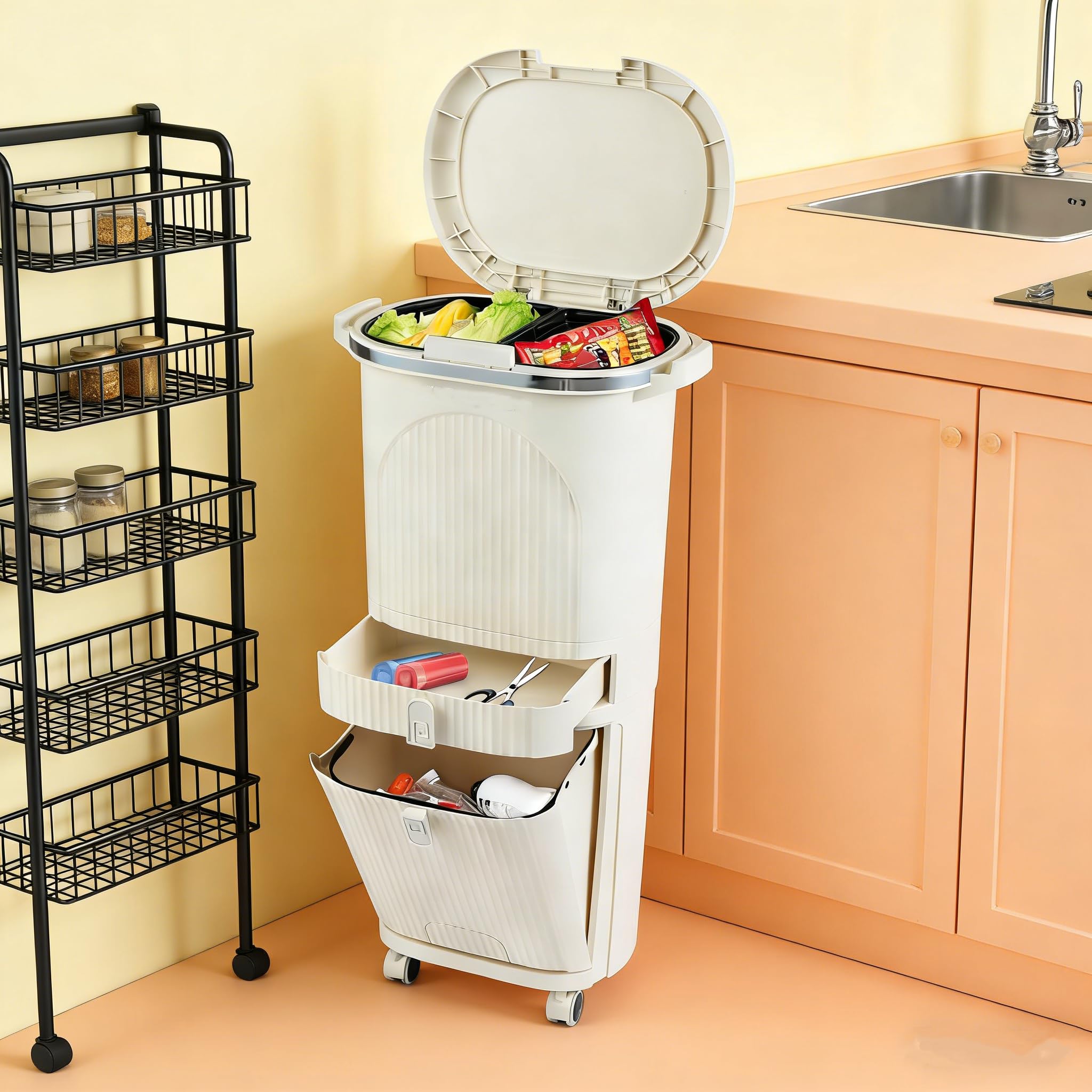 LIFEZEAL Cubo de basura con ruedas 42L y 3 compartimentos (42L) | Papelera de cocina con pedal, tapa y asa para cocina, salón y oficina