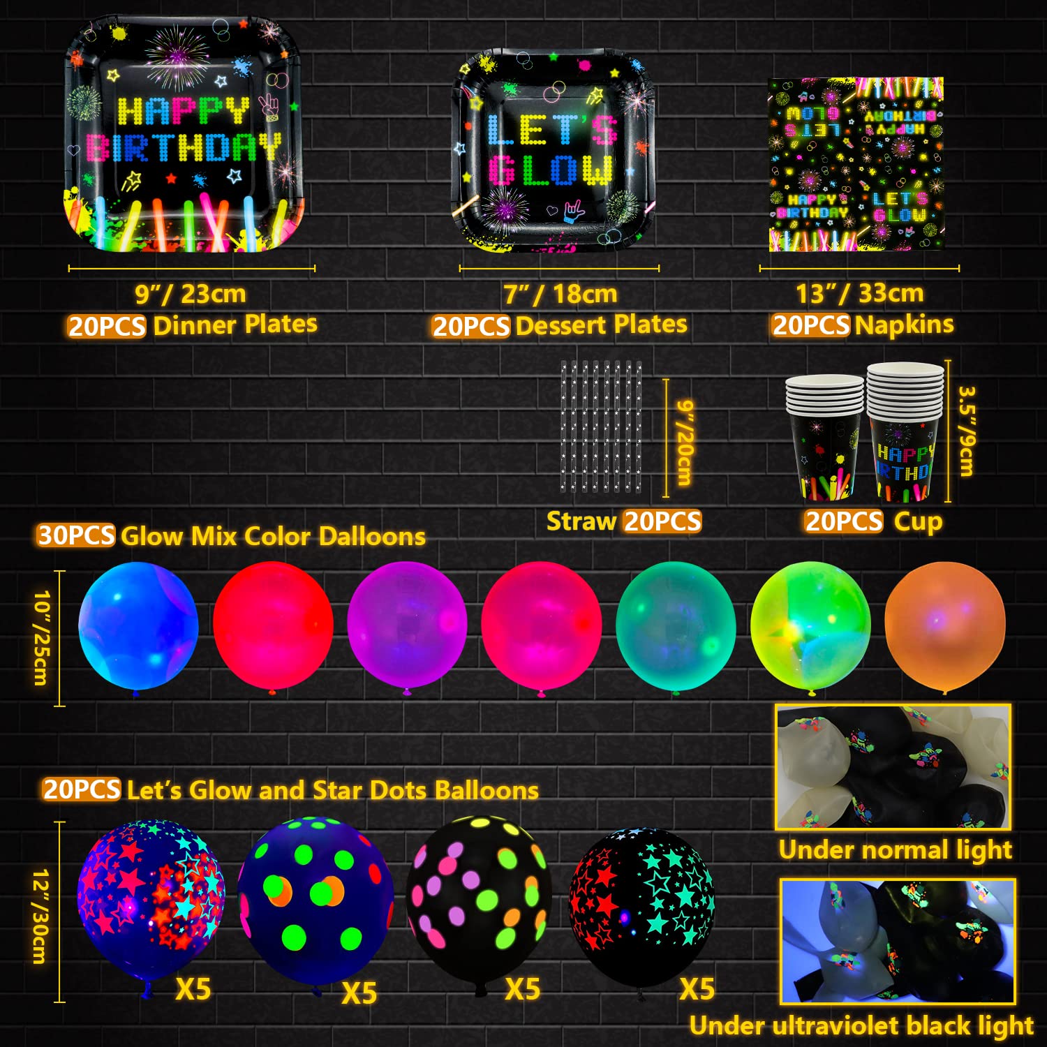 Set Sfondo Fotografico Che Si Illumina Al Buio, 2 Fogli Neri E 5 Penne Fluorescenti Per Feste Al Neon