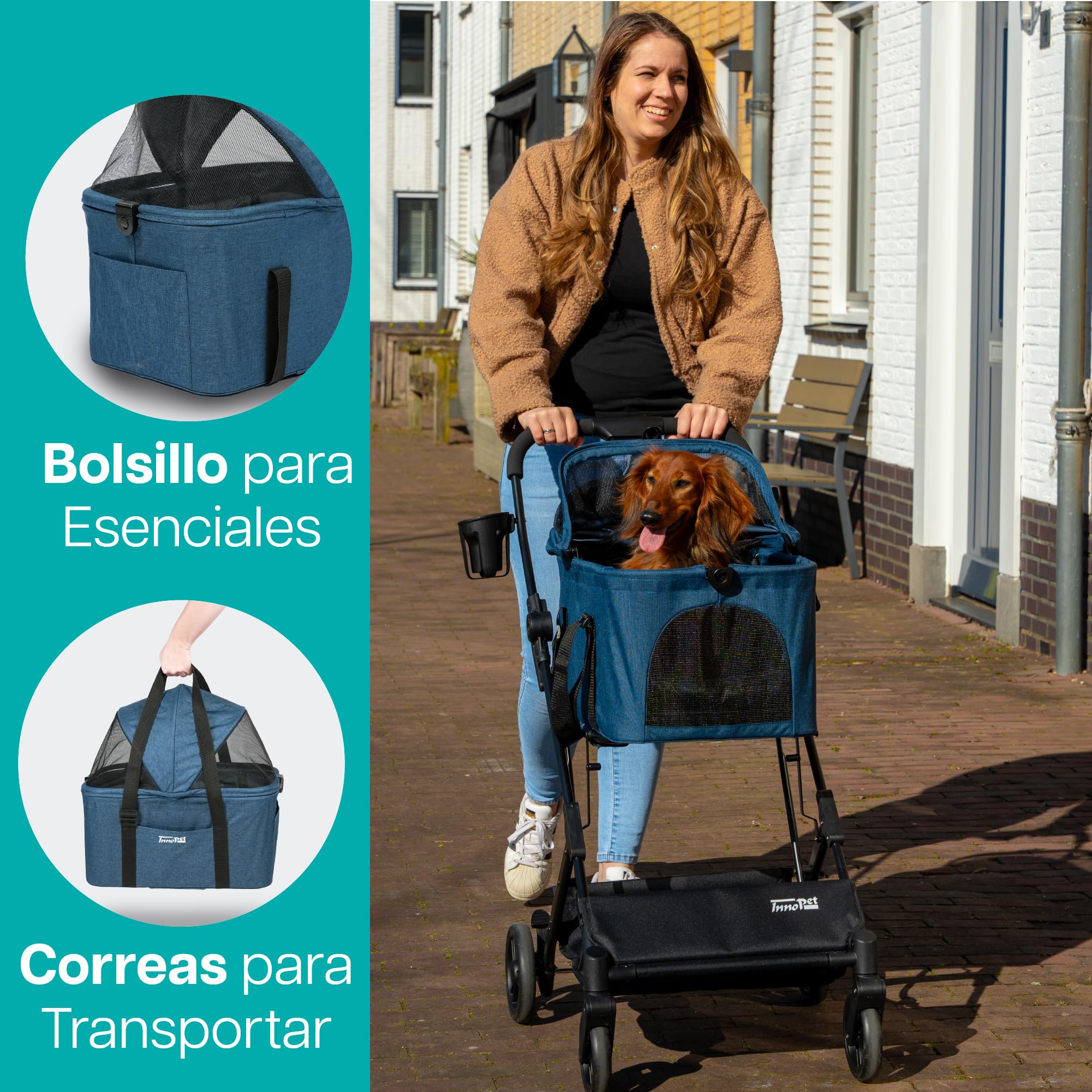 Innopet 2 en 1 carrito compacto - Cochecito plegable con transportín desmontable y asiento de coche, para perros y gatos hasta 20kg, con cesta y portavasos