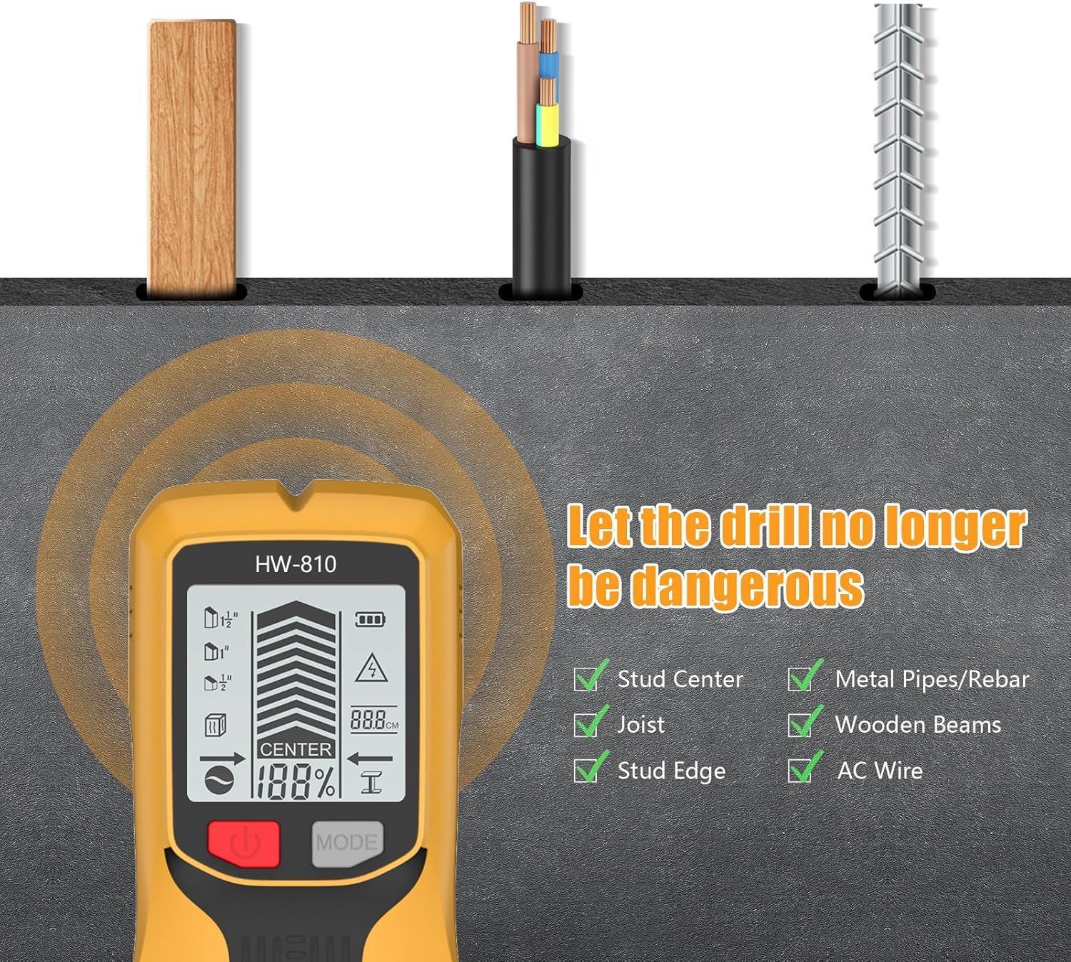 Qivine Detector Cables y Tuberias, Electronica Detector de Metales Pared Fugas de Agua Profesional, 5 en 1 Herramientas Electricista Detectores de Metales Stud Finder (Amarillo)